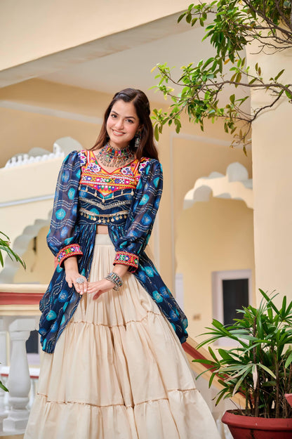 Navratri Gamthi Work Lehenga Choli with Mirror & Ribbon Lace Shrug | Pure Cotton Blue and Green Traditional Garba Outfit for Women