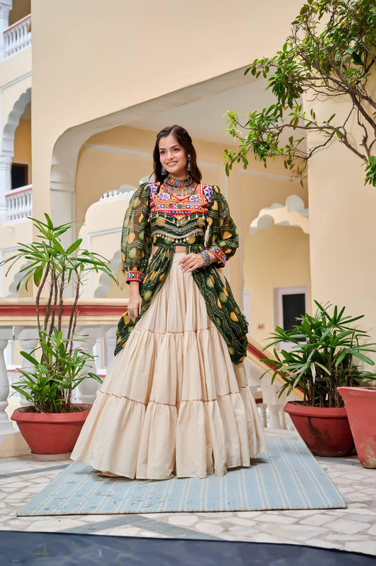 Navratri Gamthi Work Lehenga Choli with Mirror & Ribbon Lace Shrug | Pure Cotton Blue and Green Traditional Garba Outfit for Women