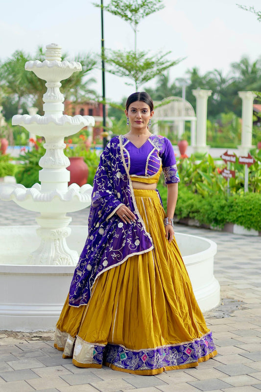 Navratri Special Cotton Lehenga Choli with Embroidery Thread Work, 6 Meter Flair Skirt, Fox Georgette Dupatta & Traditional Lace