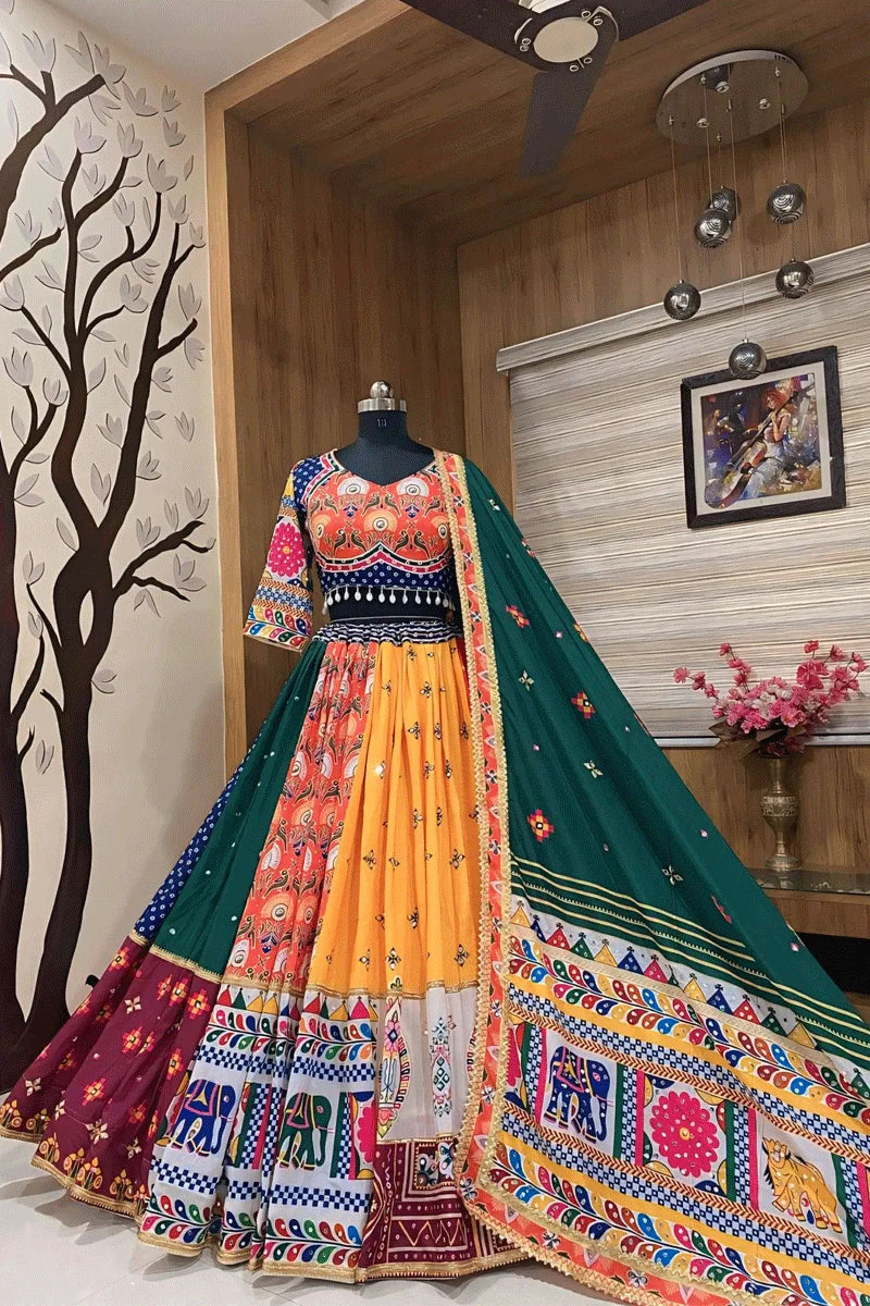 Real Mirror Work Digital Print Multi Colour Chaniya Choli