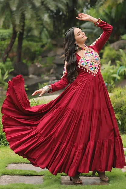 Heavy Flair Inner Cotton Fabric Maroon Gown For Garba