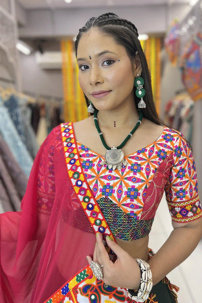 Mirror Work Dark Green Lehenga Choli With Red Dupatta
