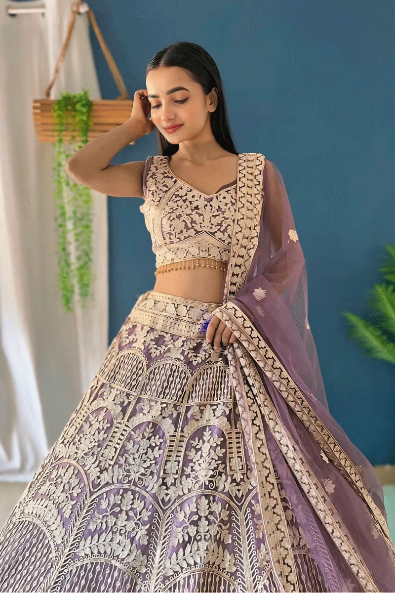 Embroidery Work Light Purple Lehenga For Engagement