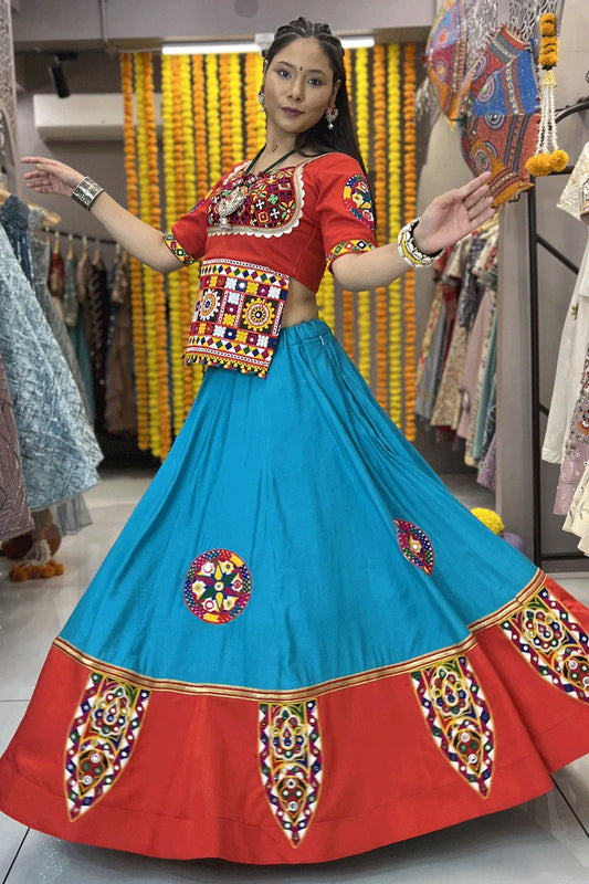 Traditional Sky Blue Lehenga Choli With Red Blouse For Navratri