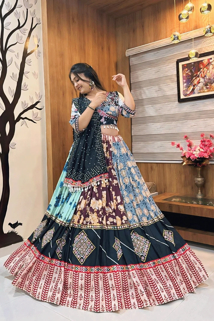 Gujarati Cotton Multi Colour Ghaghra Choli For Garba