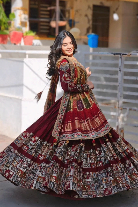 Real Mirror Work Maroon Chaniya Choli For Navratri