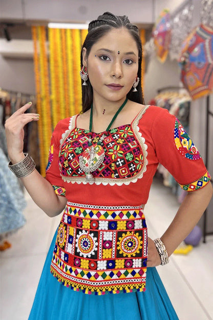 Traditional Sky Blue Lehenga Choli With Red Blouse For Navratri