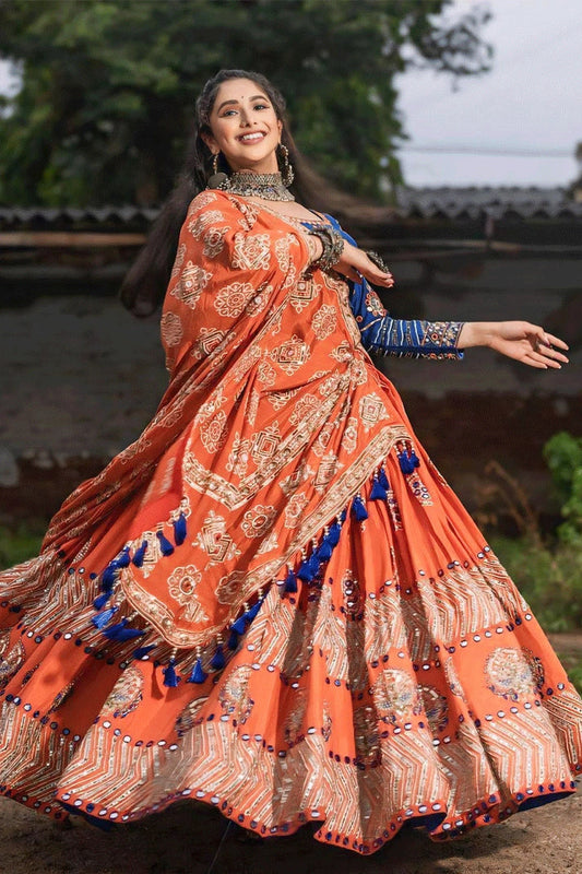 Traditional Heavy Flair Orange Chaniya Choli For Garba