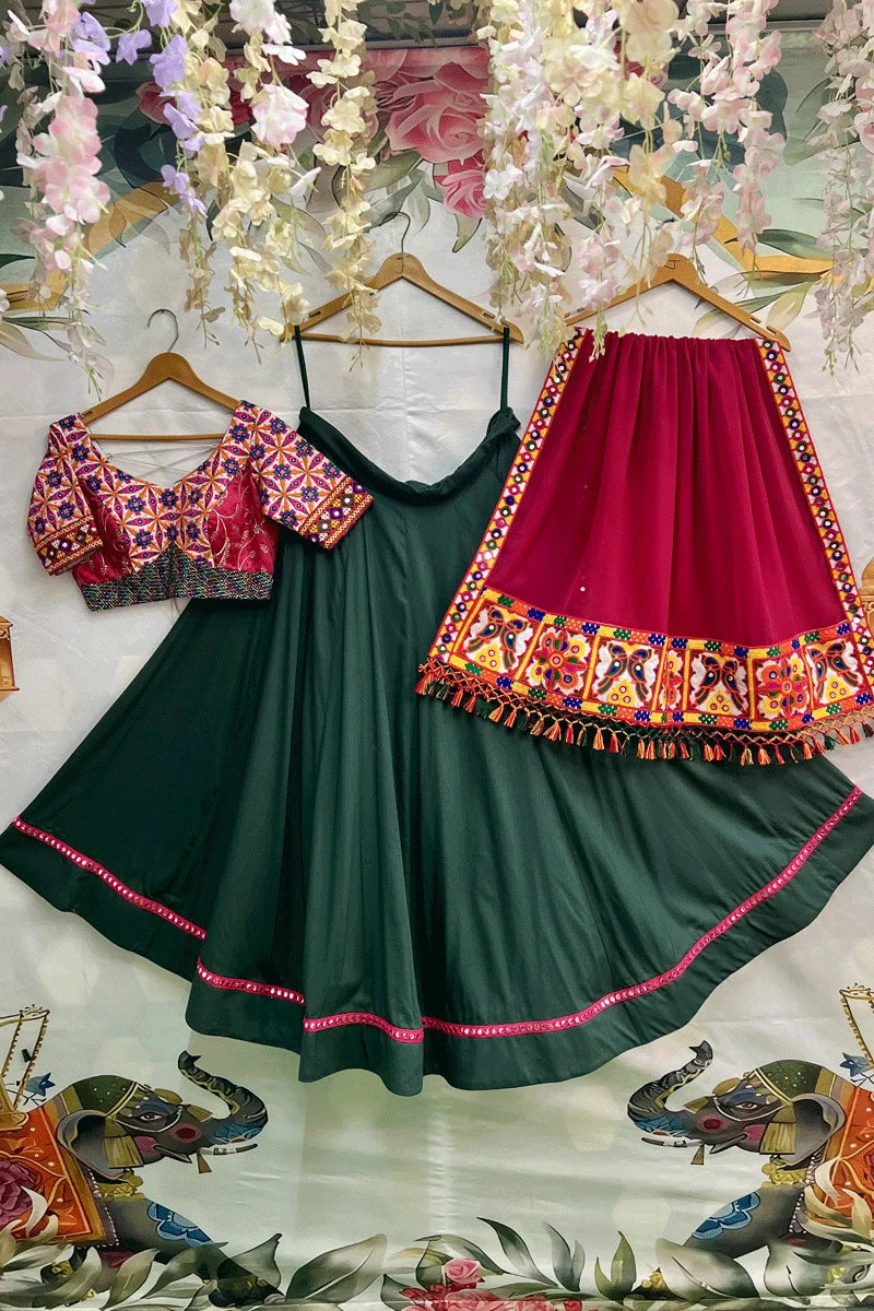 Mirror Work Dark Green Lehenga Choli With Red Dupatta