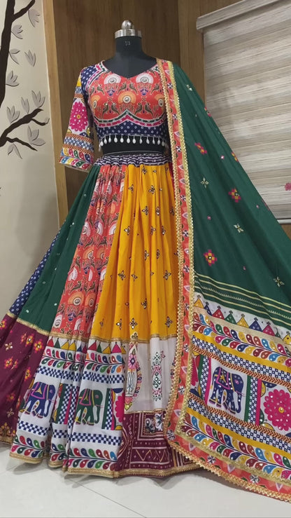 Navratri Special Designer Lehenga Choli Set | Heavy Muslin Cotton with Digital Print, Real Mirror Work & Festive Dupatta