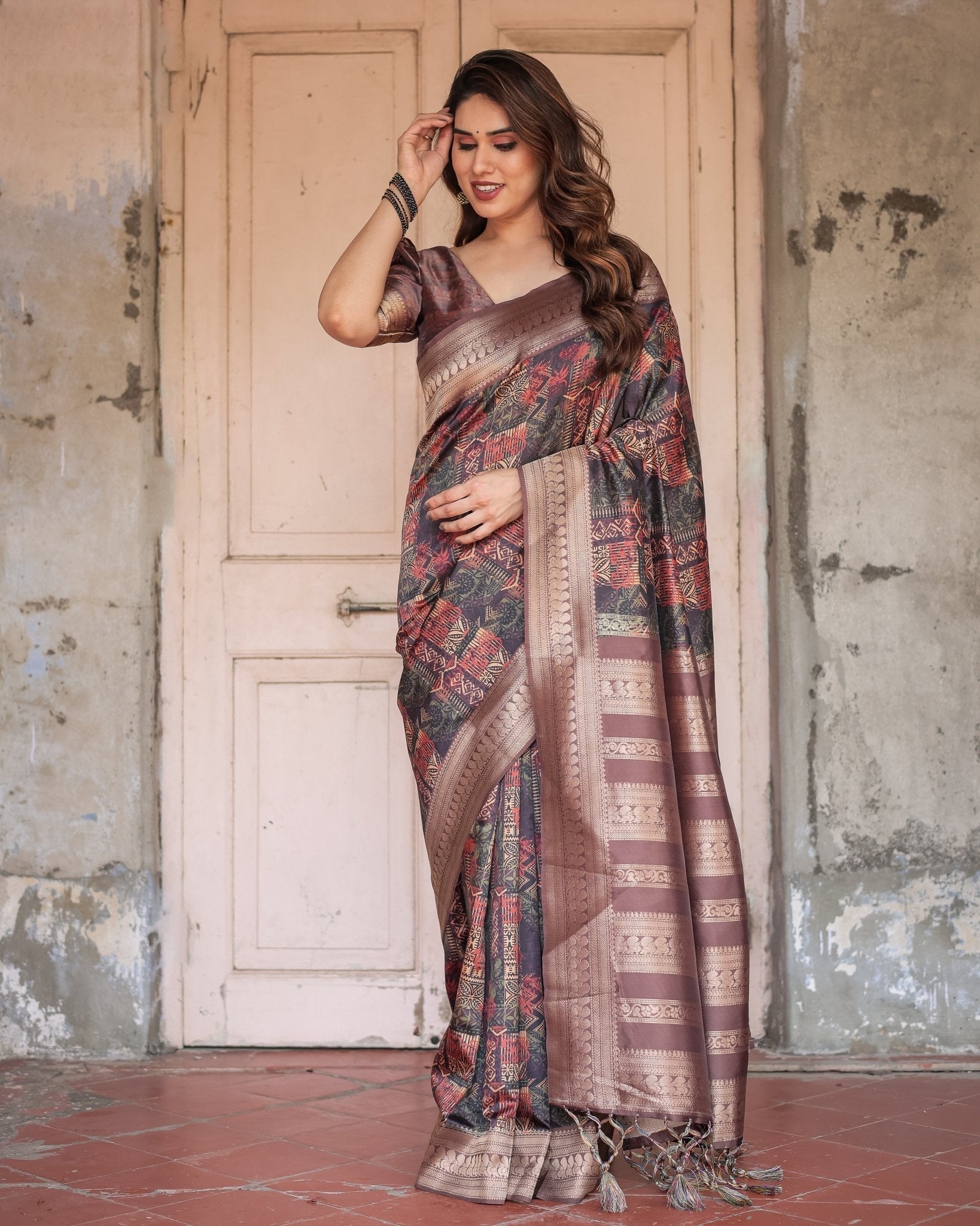 Pure Banarasi Digitally Printed Silk Saree Weaved With Zari Comes With Tassels. - Fashion Dream Studio