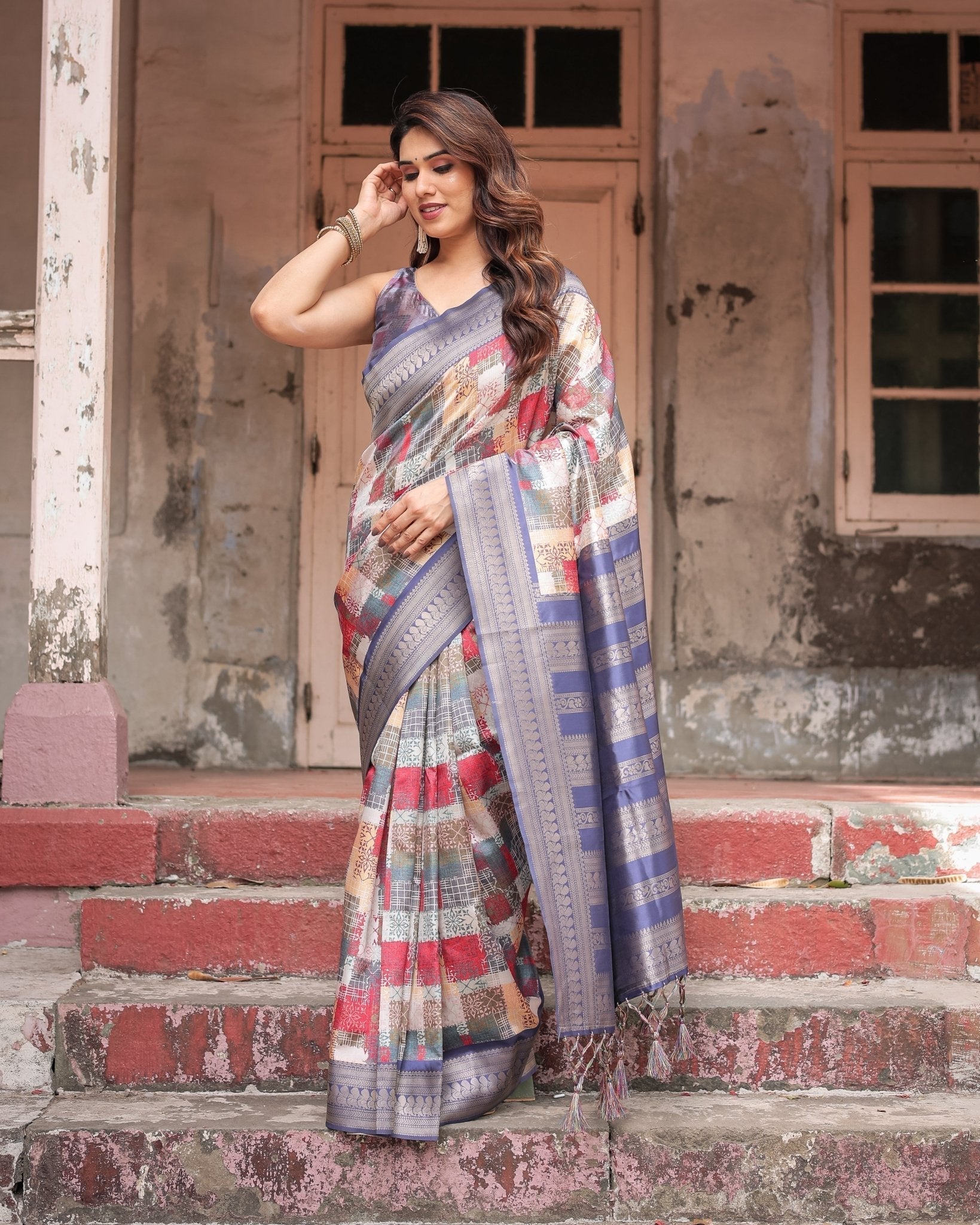 Pure Banarasi Digitally Printed Silk Saree Weaved With Zari Comes With Tassels