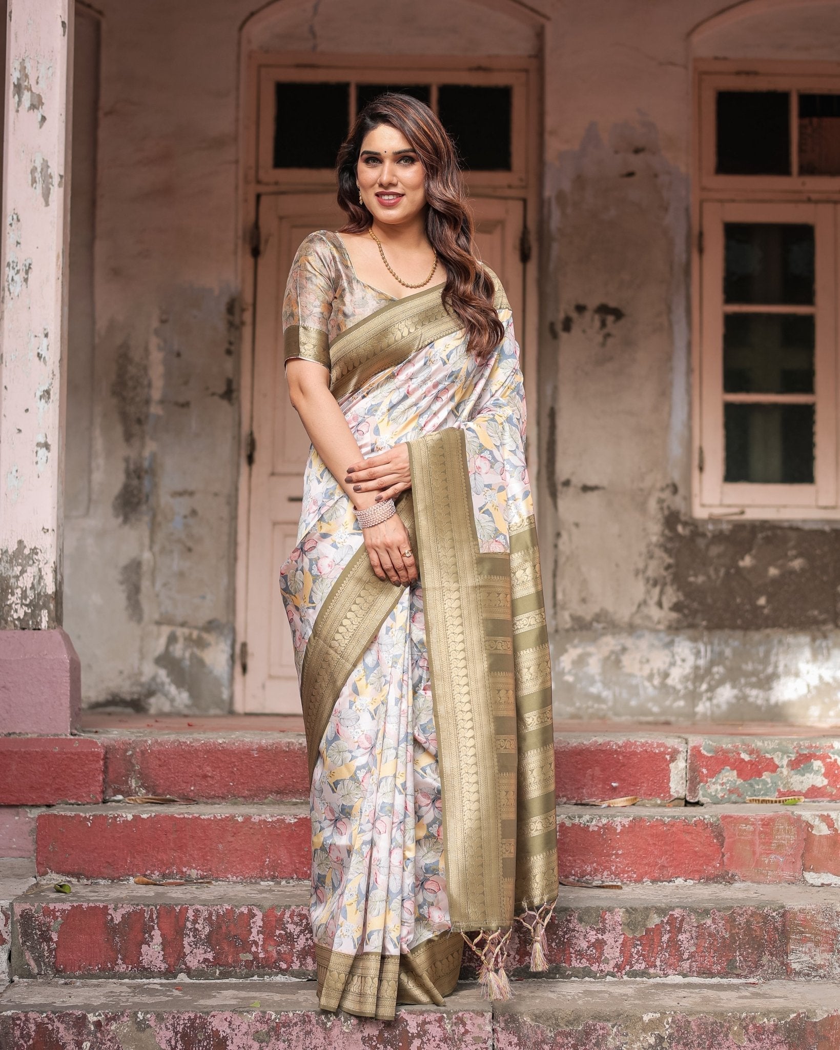 Pure Banarasi Digitally Printed Silk Saree Weaved With Zari Comes With Tassels