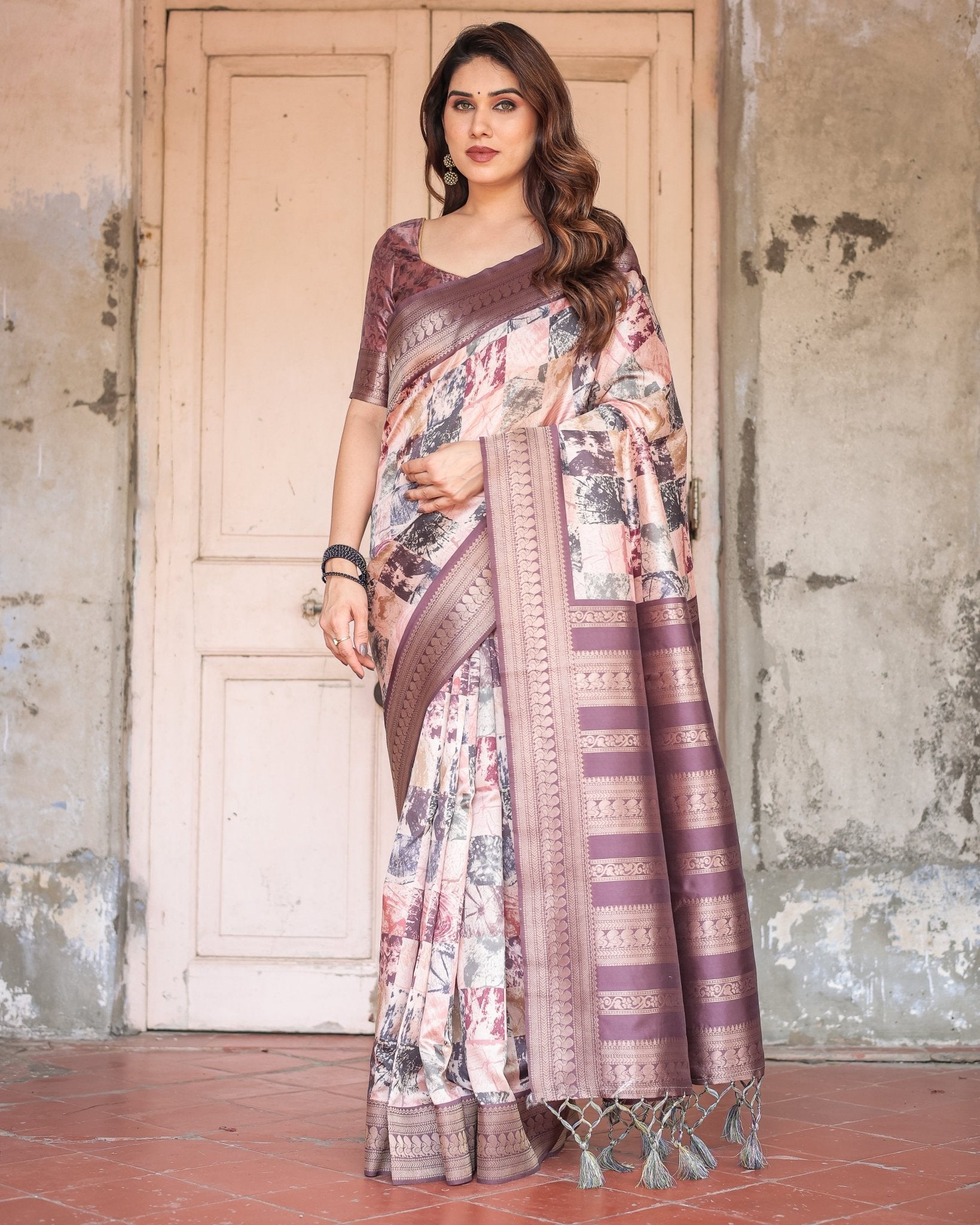 Pure Banarasi Digitally Printed Silk Saree Weaved With Zari Comes With Tassels.