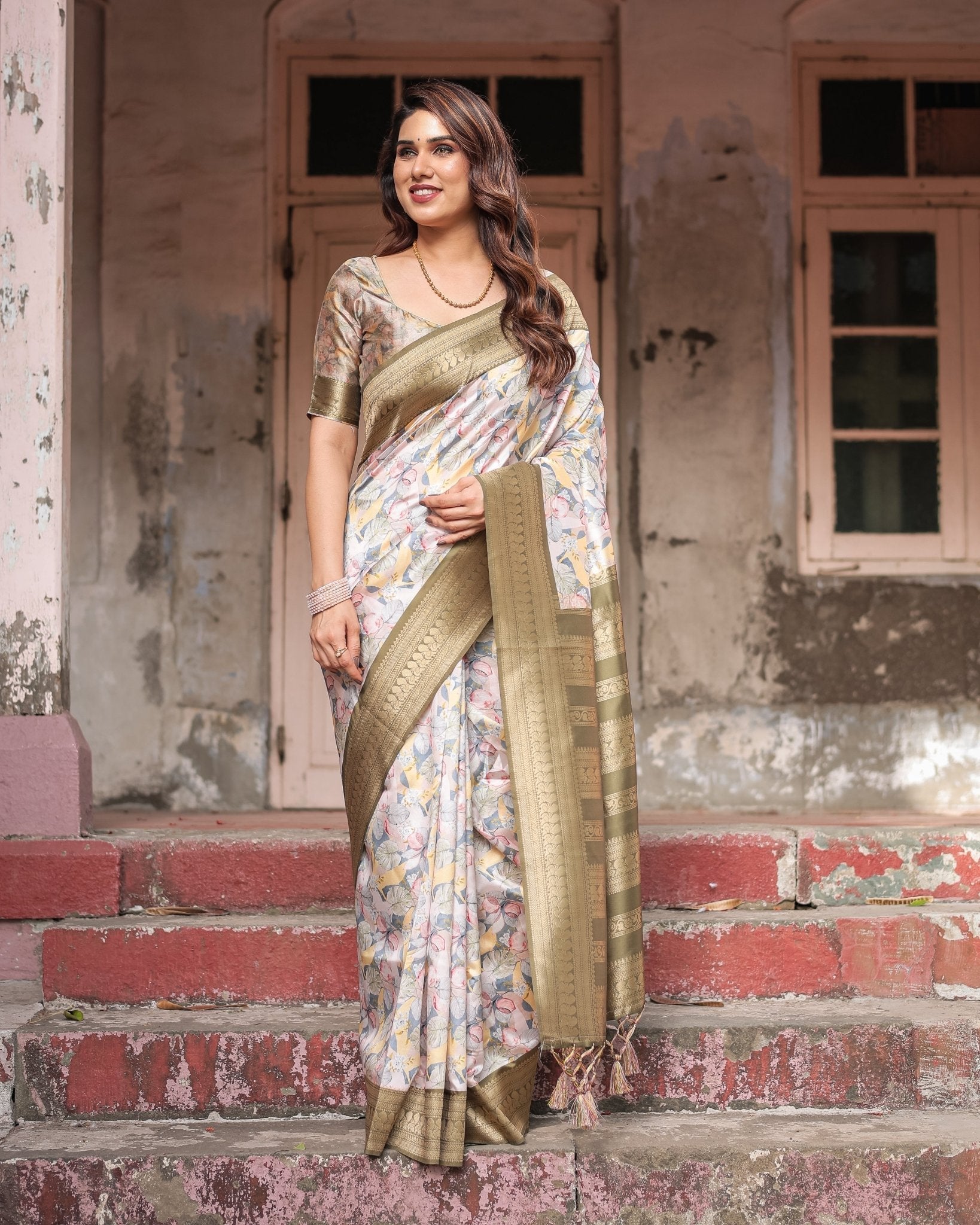 Pure Banarasi Digitally Printed Silk Saree Weaved With Zari Comes With Tassels