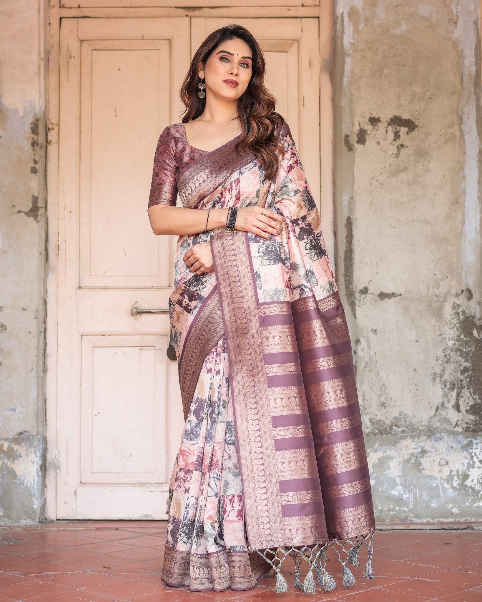 Pure Banarasi Digitally Printed Silk Saree Weaved With Zari Comes With Tassels.