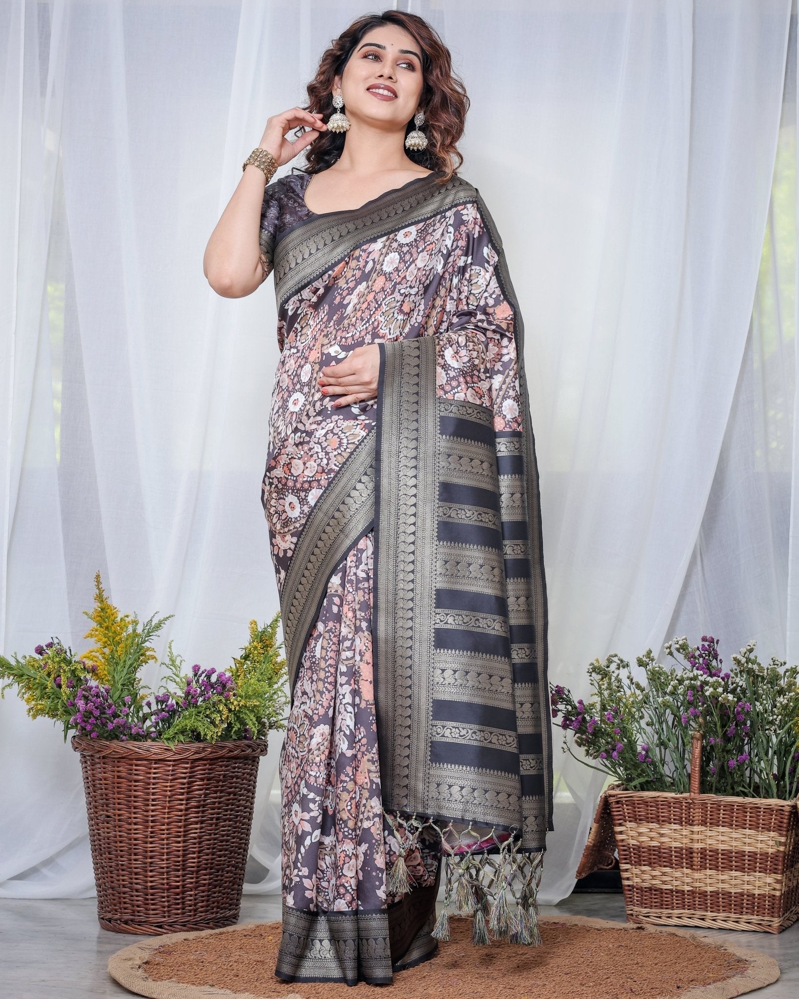 Pure Banarasi Digitally Printed Silk Saree Weaved With Zari Comes With Tassels. - Fashion Dream Studio