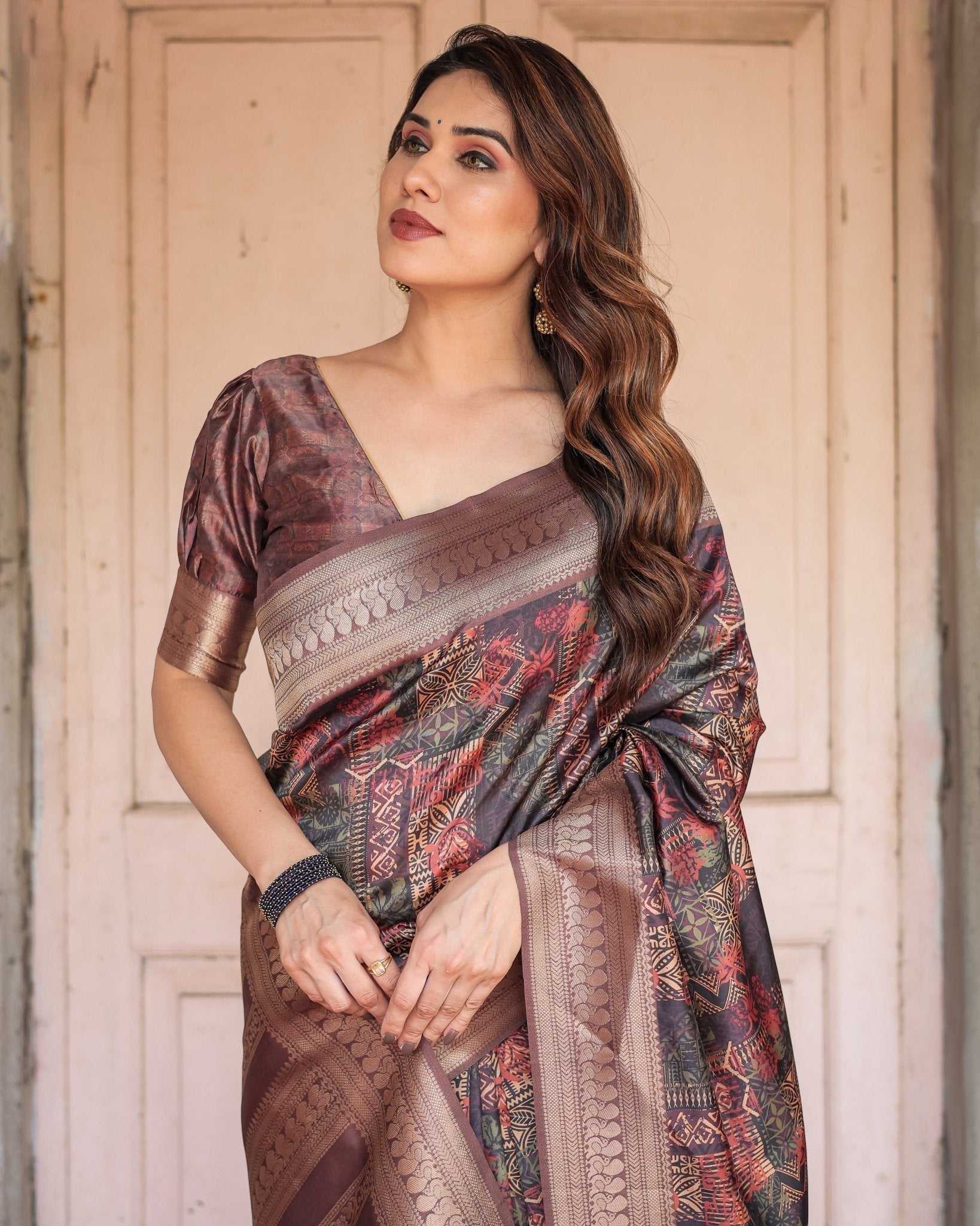 Pure Banarasi Digitally Printed Silk Saree Weaved With Zari Comes With Tassels. - Fashion Dream Studio