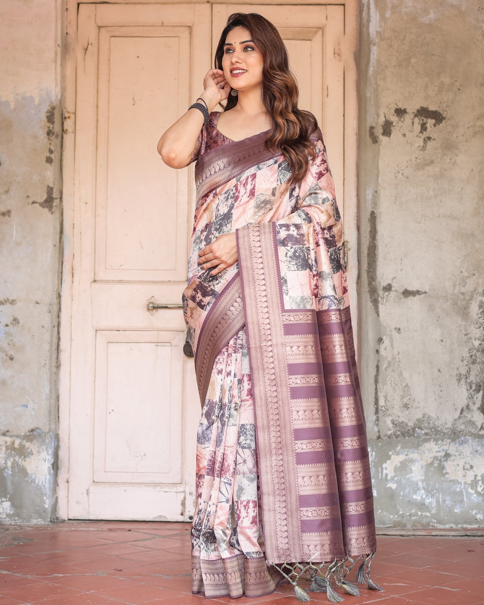 Pure Banarasi Digitally Printed Silk Saree Weaved With Zari Comes With Tassels.