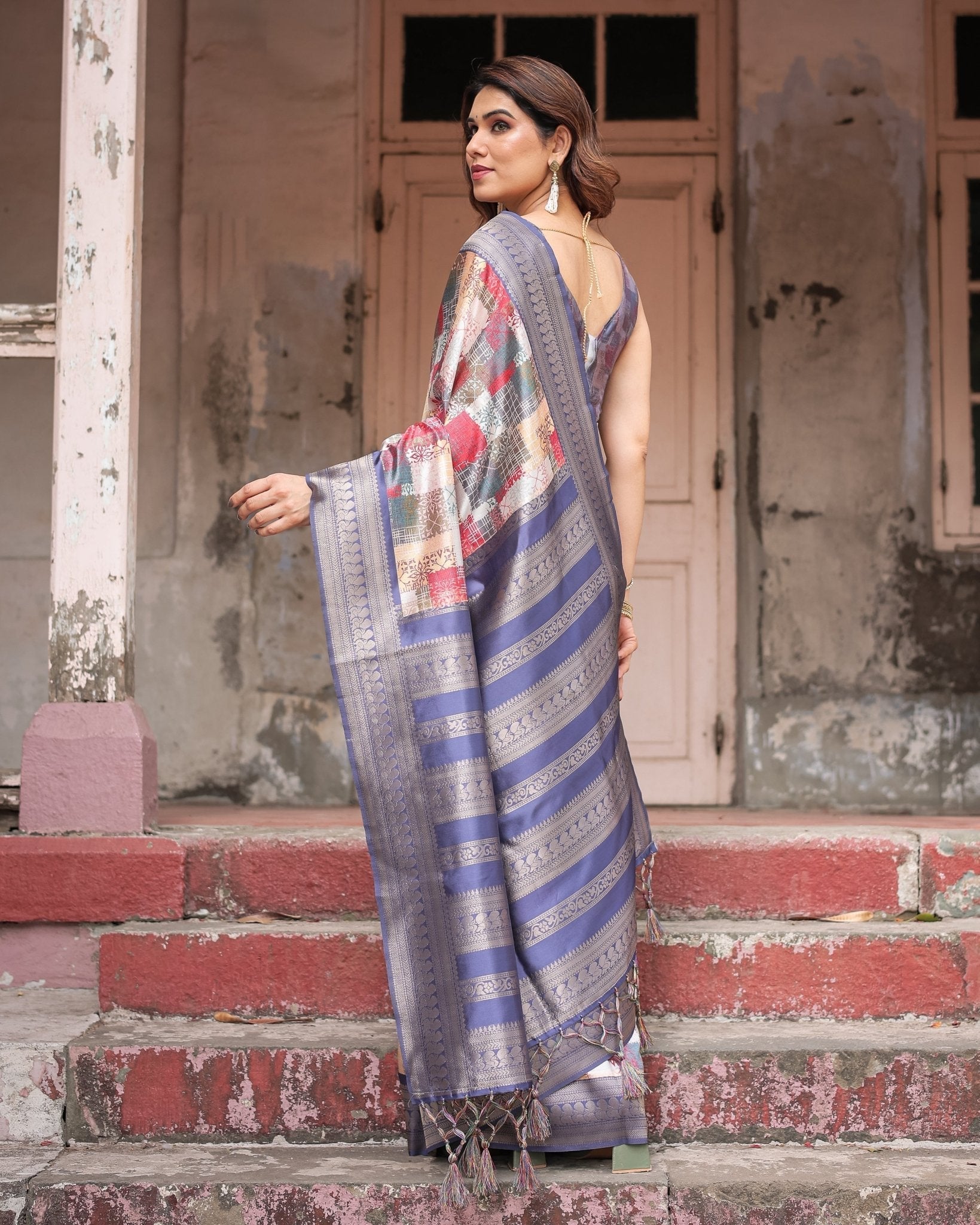 Pure Banarasi Digitally Printed Silk Saree Weaved With Zari Comes With Tassels