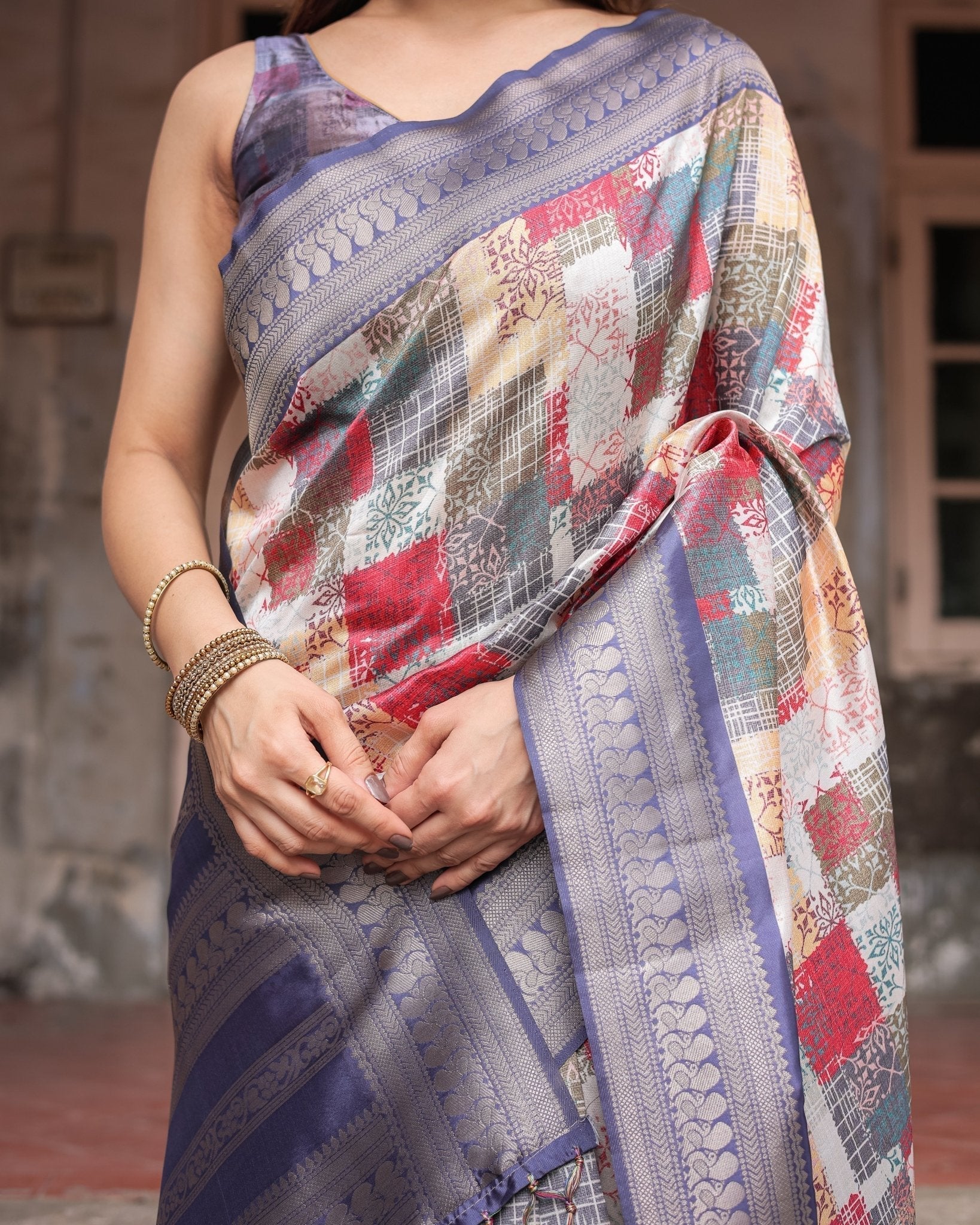 Pure Banarasi Digitally Printed Silk Saree Weaved With Zari Comes With Tassels