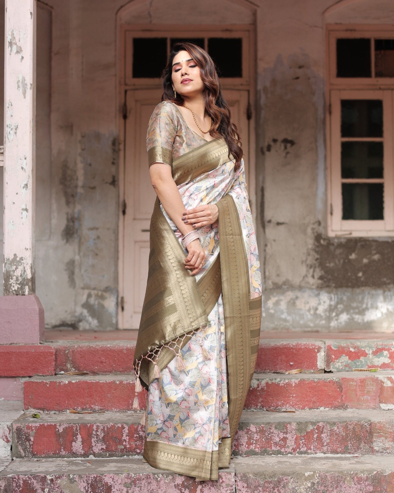 Pure Banarasi Digitally Printed Silk Saree Weaved With Zari Comes With Tassels