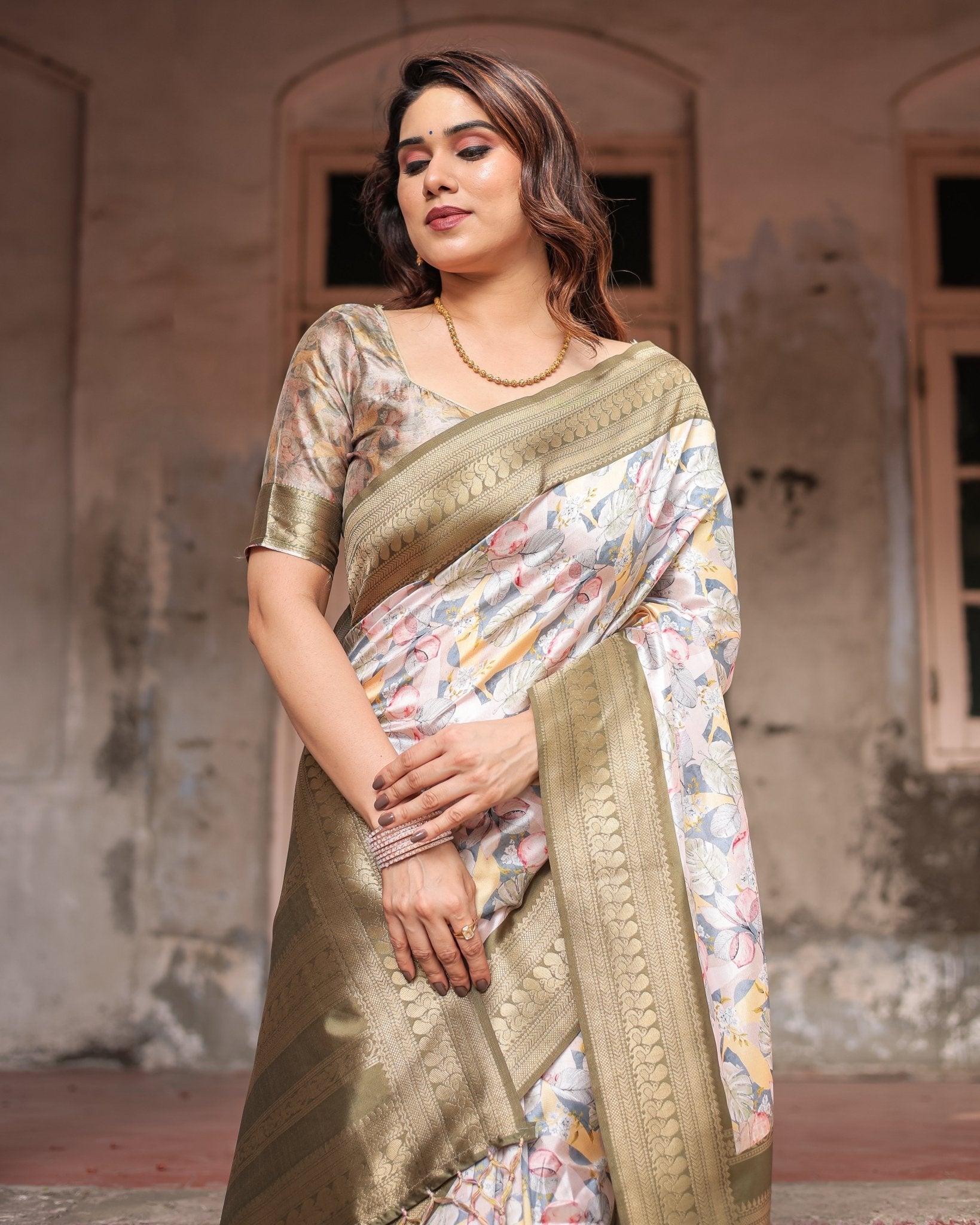 Pure Banarasi Digitally Printed Silk Saree Weaved With Zari Comes With Tassels