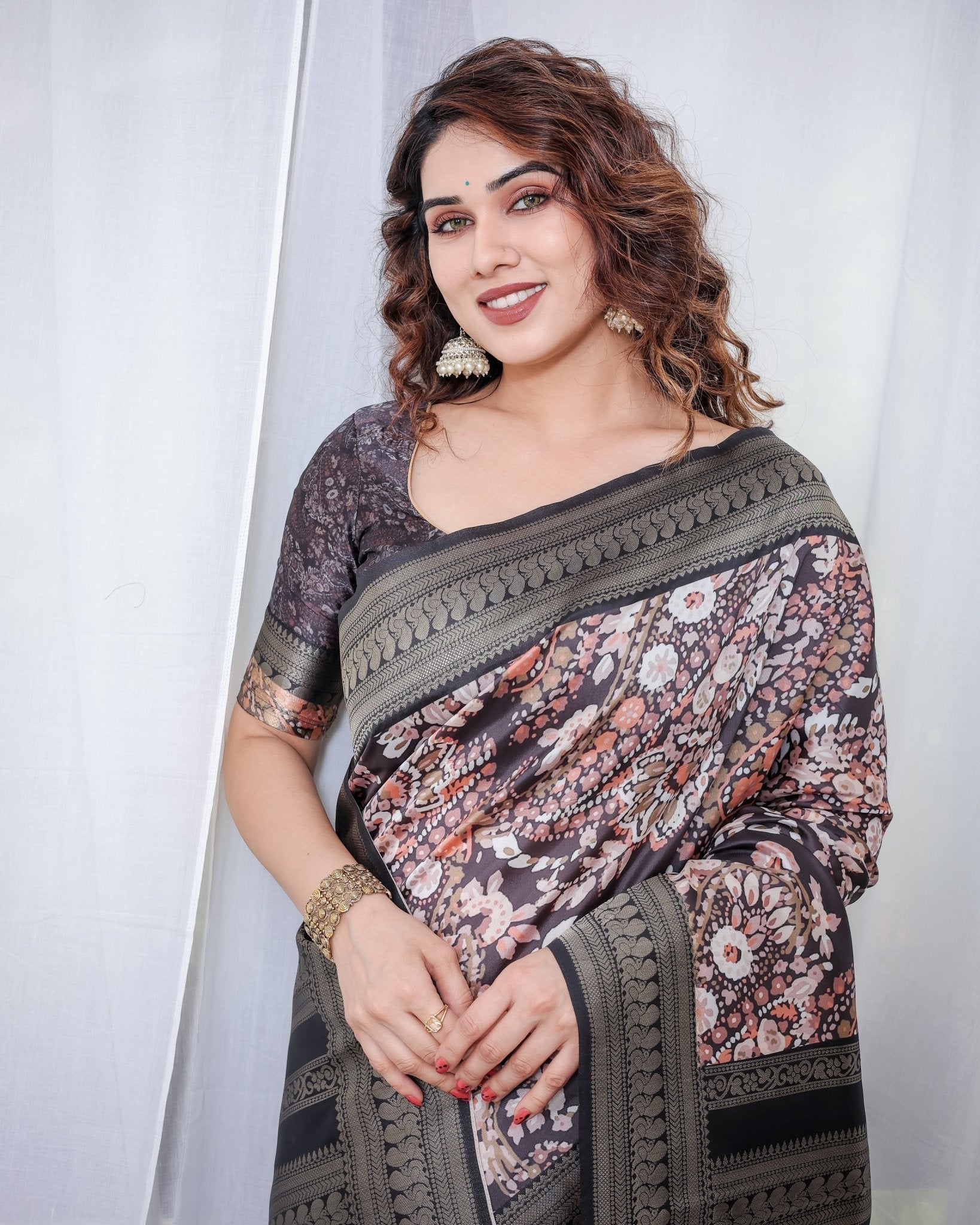 Pure Banarasi Digitally Printed Silk Saree Weaved With Zari Comes With Tassels. - Fashion Dream Studio