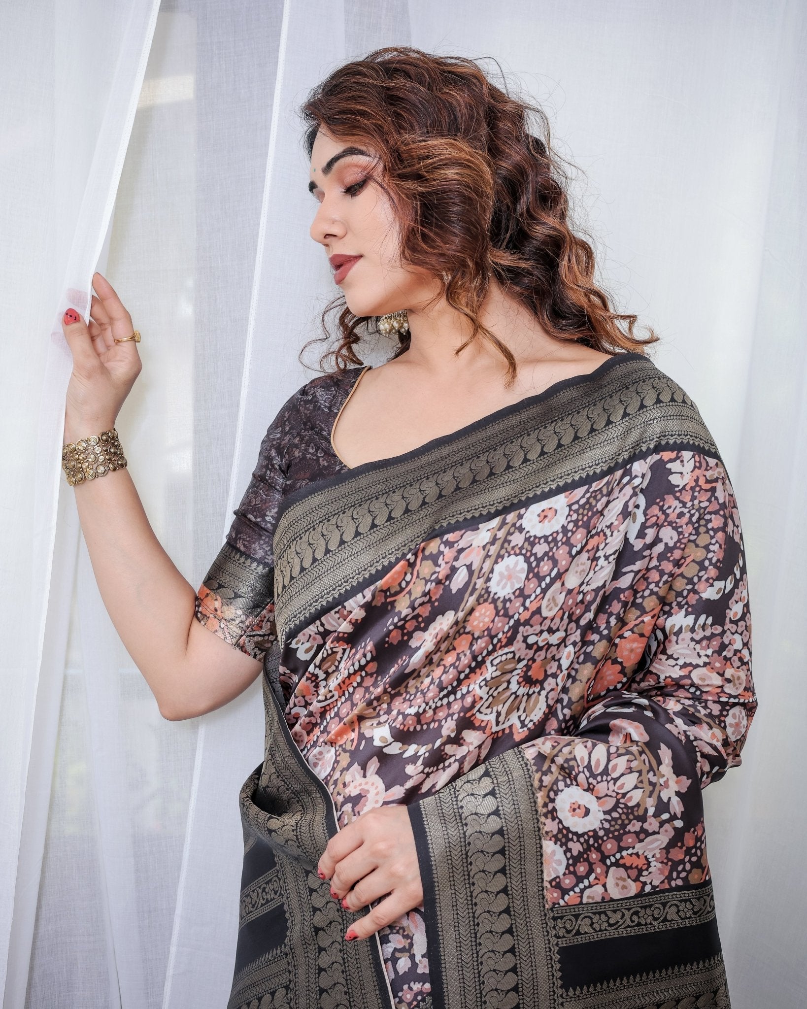 Pure Banarasi Digitally Printed Silk Saree Weaved With Zari Comes With Tassels. - Fashion Dream Studio