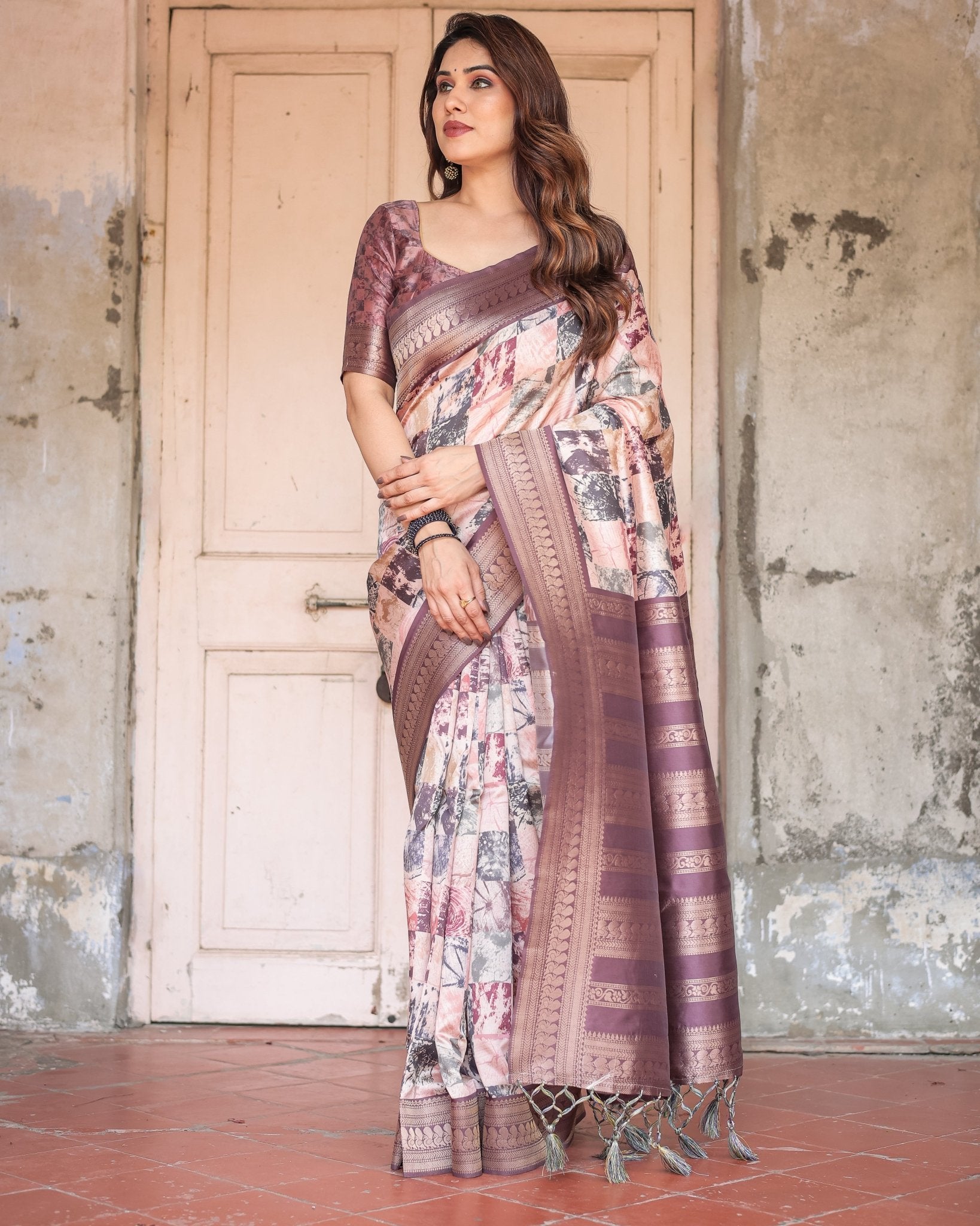 Pure Banarasi Digitally Printed Silk Saree Weaved With Zari Comes With Tassels.