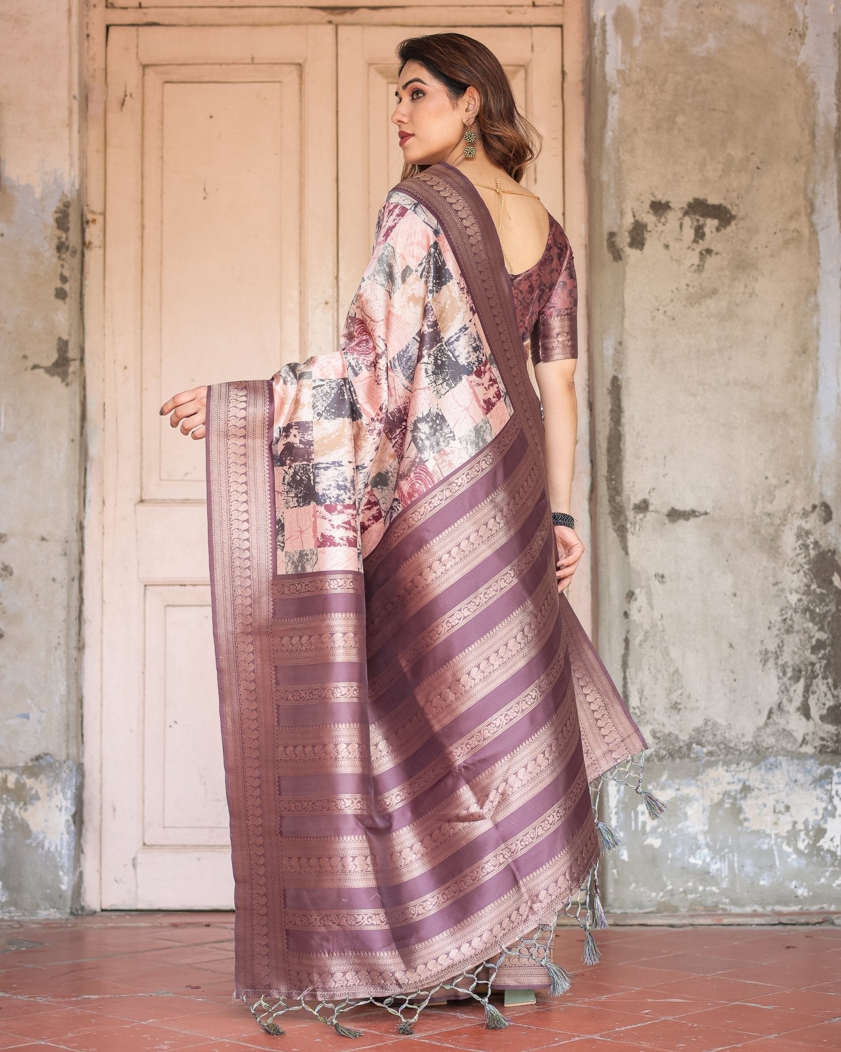 Pure Banarasi Digitally Printed Silk Saree Weaved With Zari Comes With Tassels.