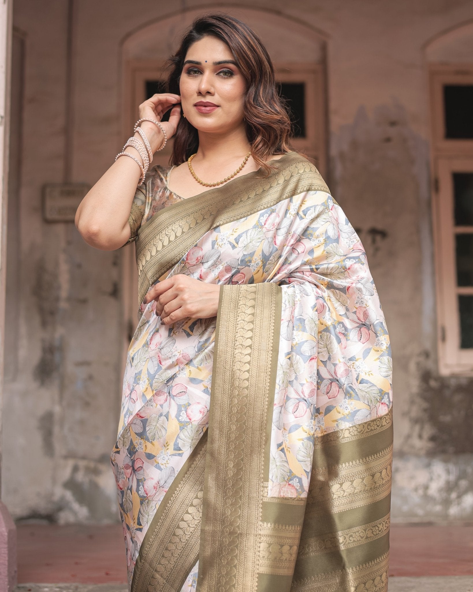 Pure Banarasi Digitally Printed Silk Saree Weaved With Zari Comes With Tassels