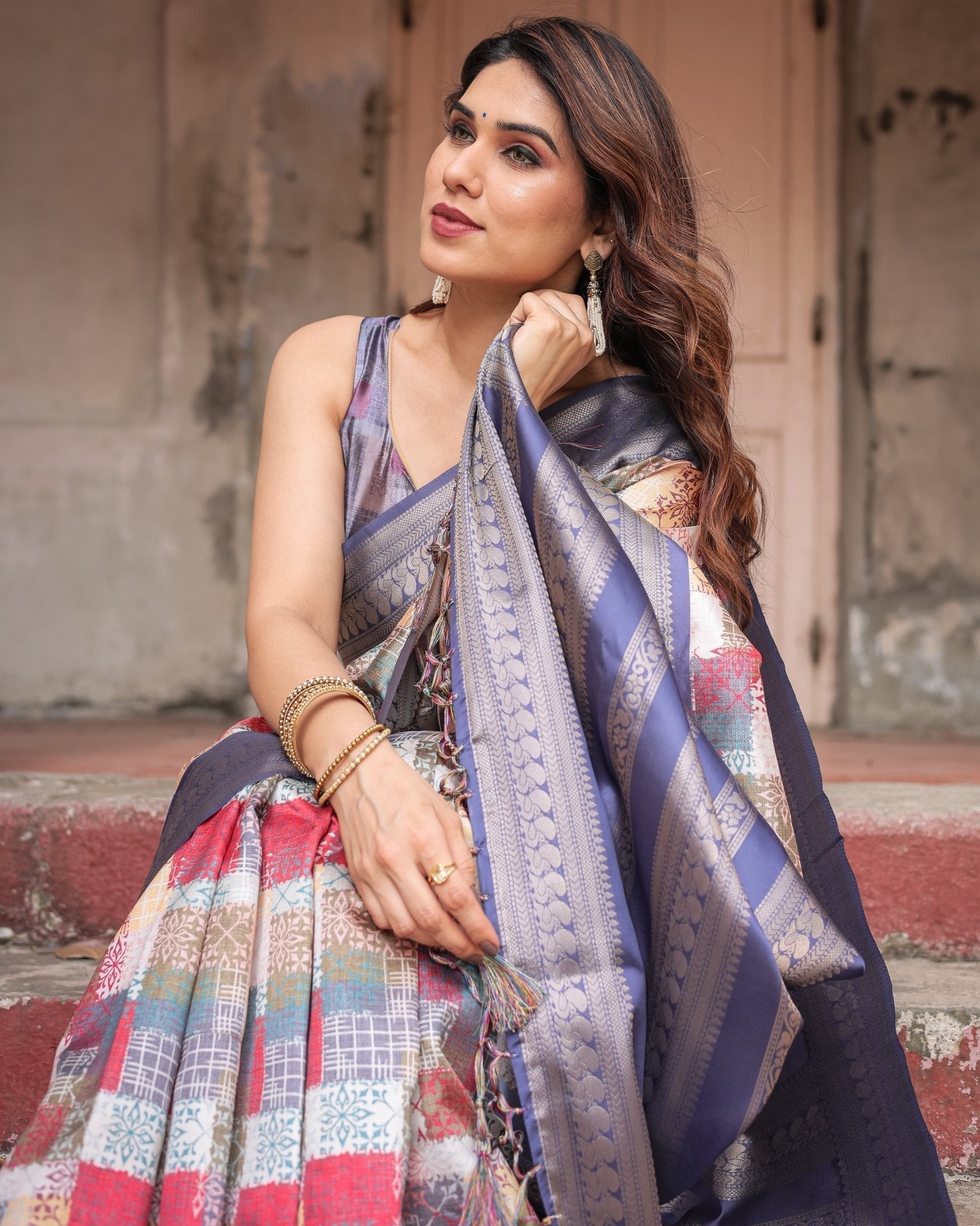 Pure Banarasi Digitally Printed Silk Saree Weaved With Zari Comes With Tassels