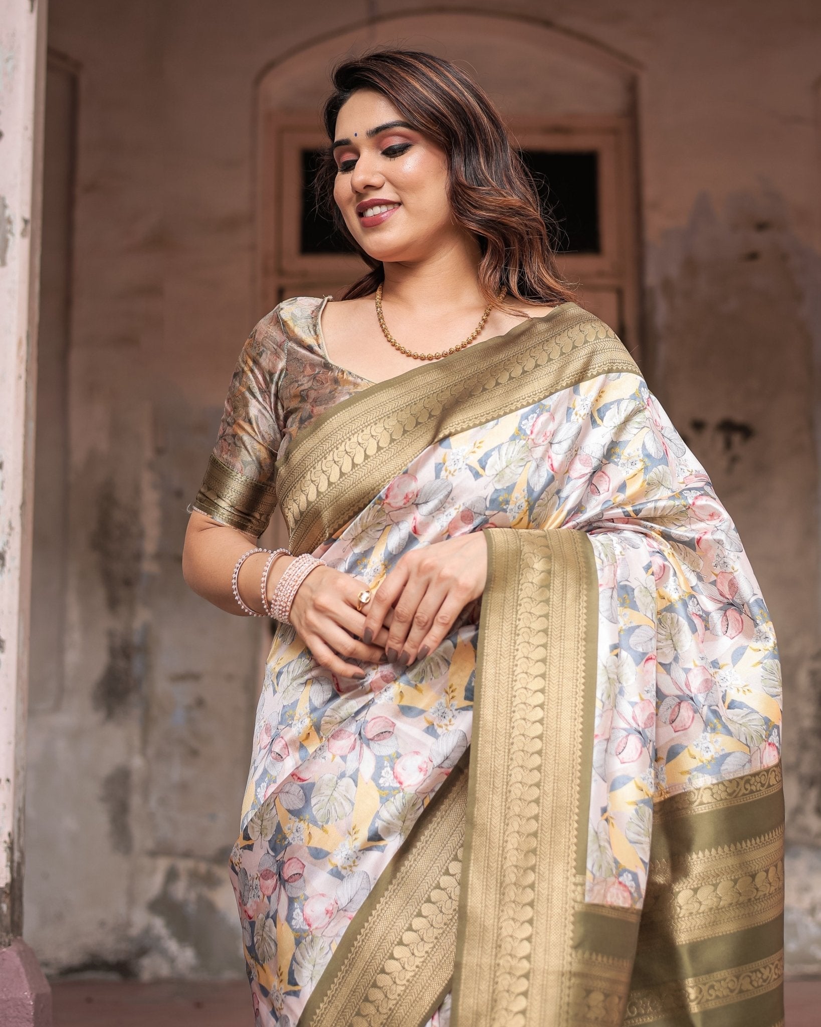 Pure Banarasi Digitally Printed Silk Saree Weaved With Zari Comes With Tassels