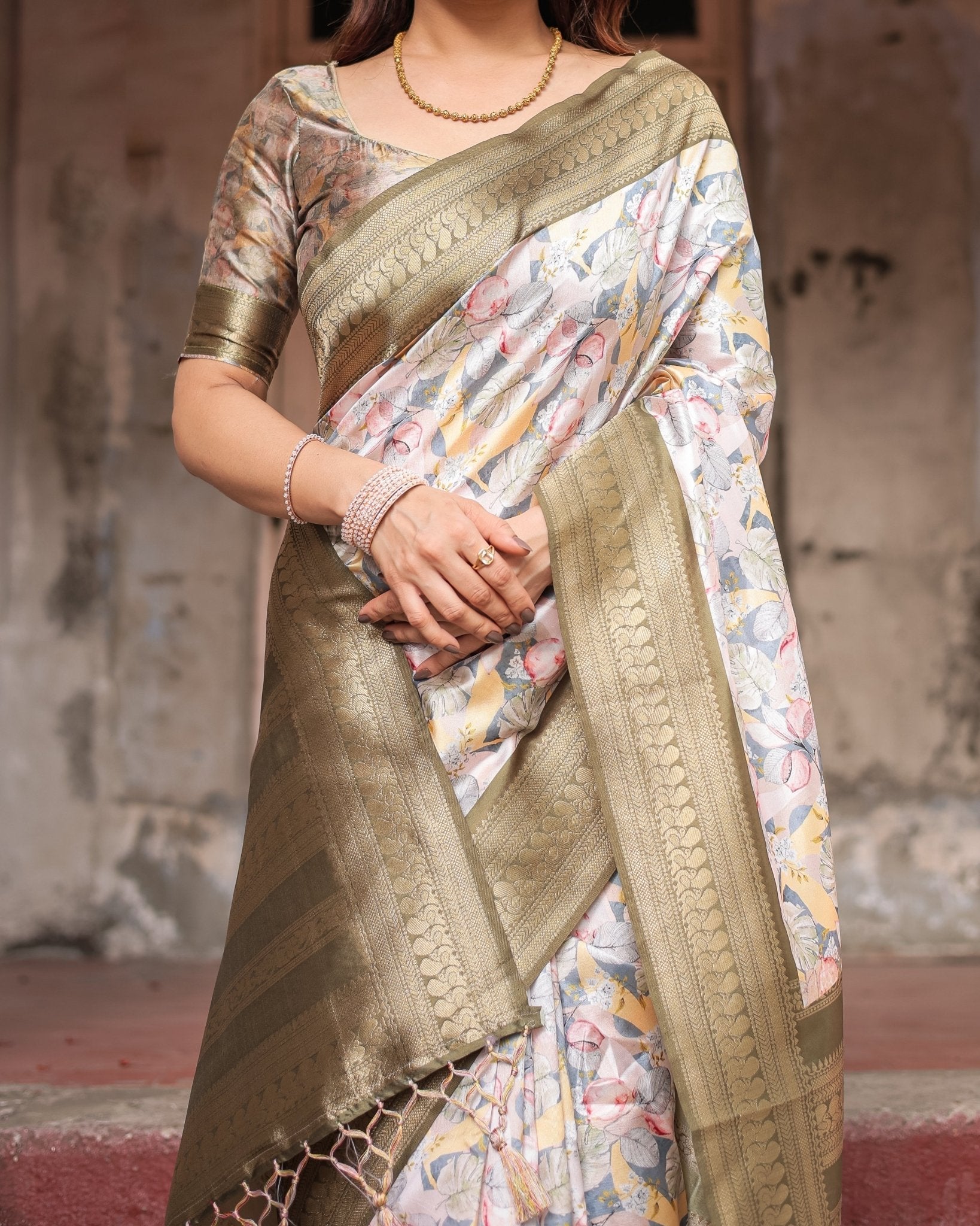 Pure Banarasi Digitally Printed Silk Saree Weaved With Zari Comes With Tassels