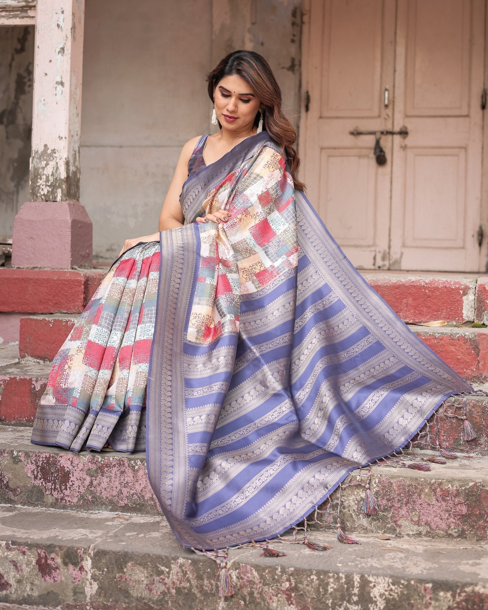 Pure Banarasi Digitally Printed Silk Saree Weaved With Zari Comes With Tassels