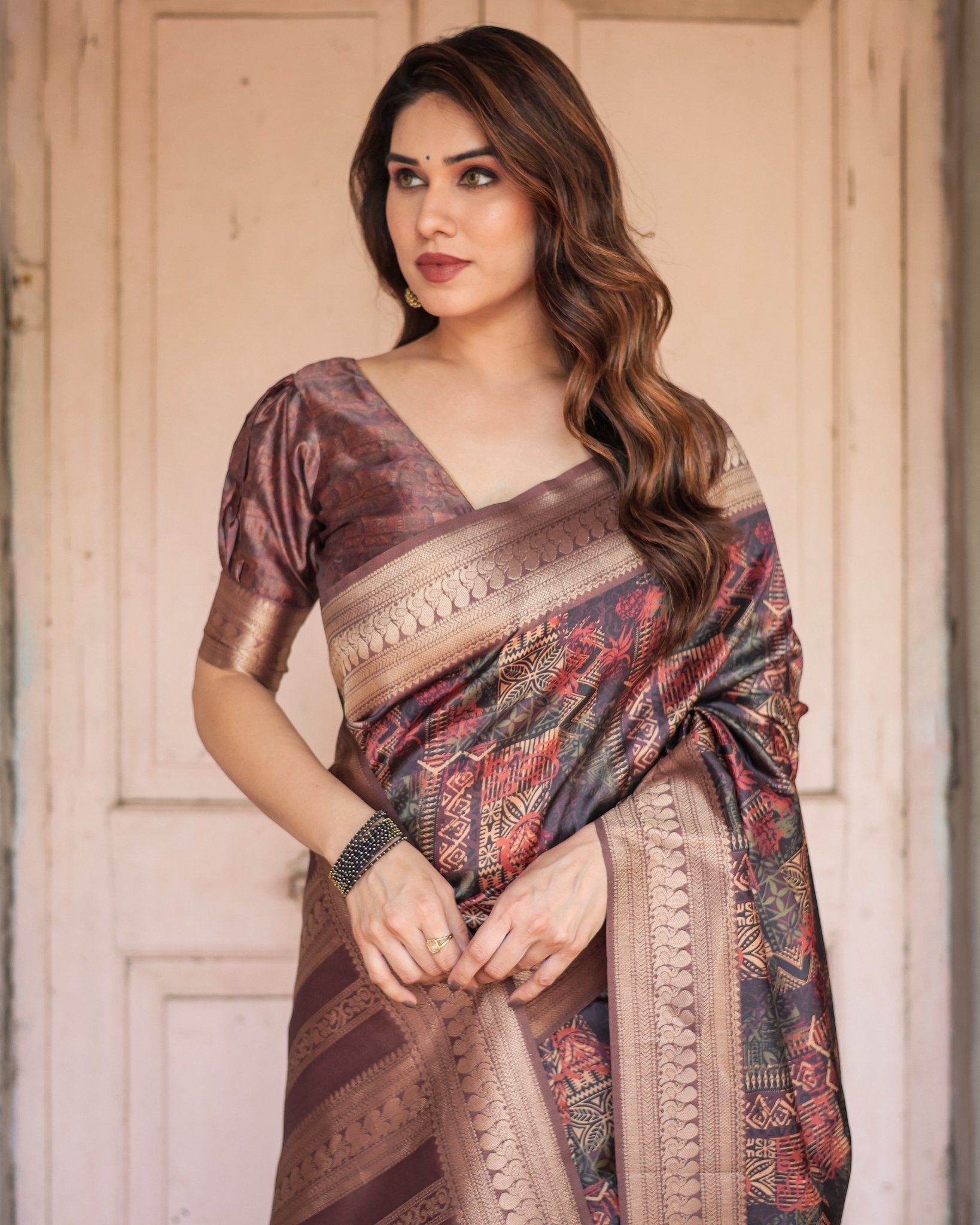 Pure Banarasi Digitally Printed Silk Saree Weaved With Zari Comes With Tassels. - Fashion Dream Studio