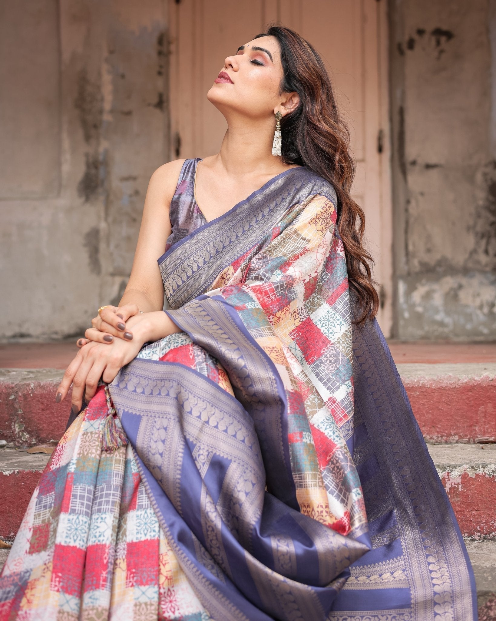 Pure Banarasi Digitally Printed Silk Saree Weaved With Zari Comes With Tassels