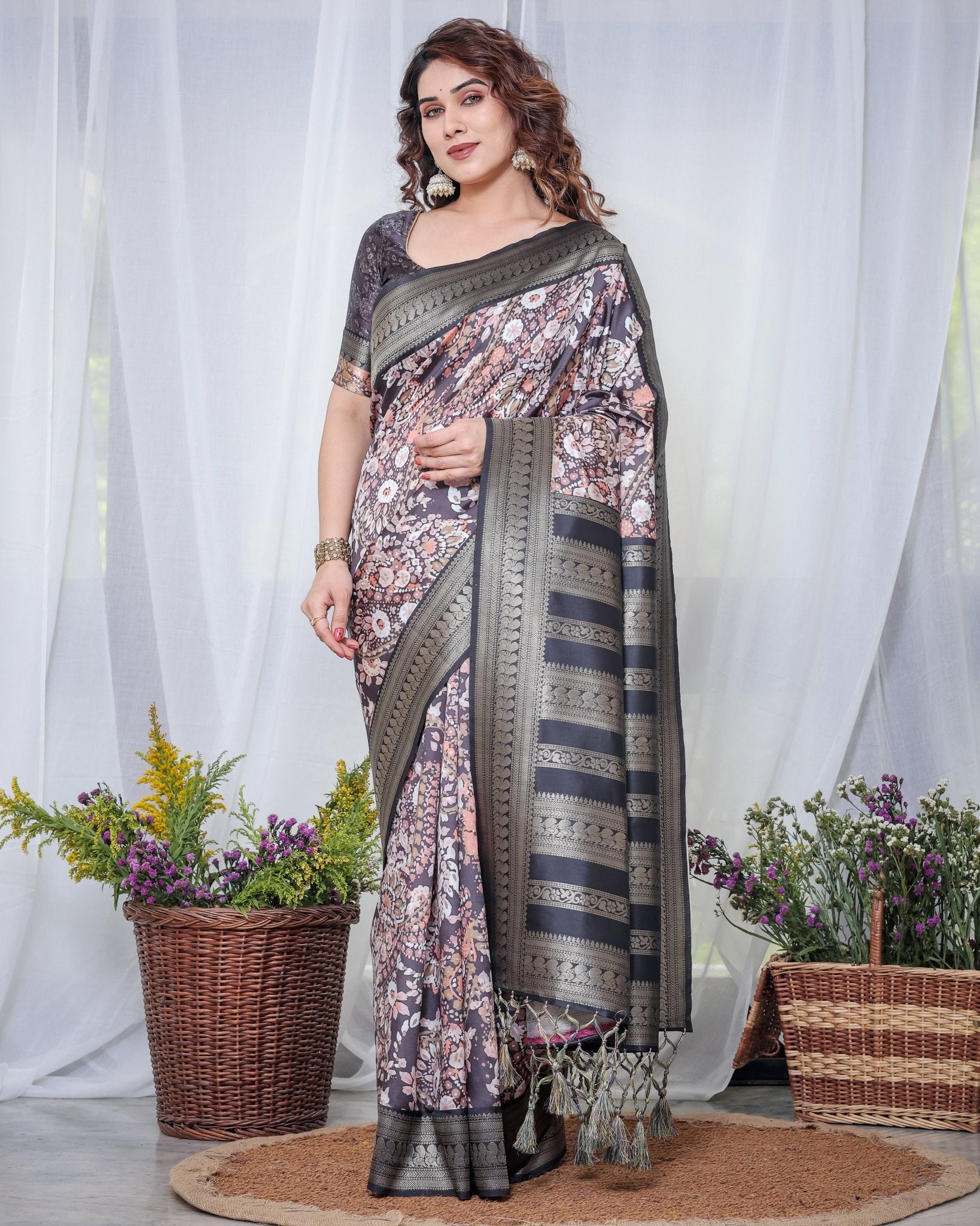 Pure Banarasi Digitally Printed Silk Saree Weaved With Zari Comes With Tassels.