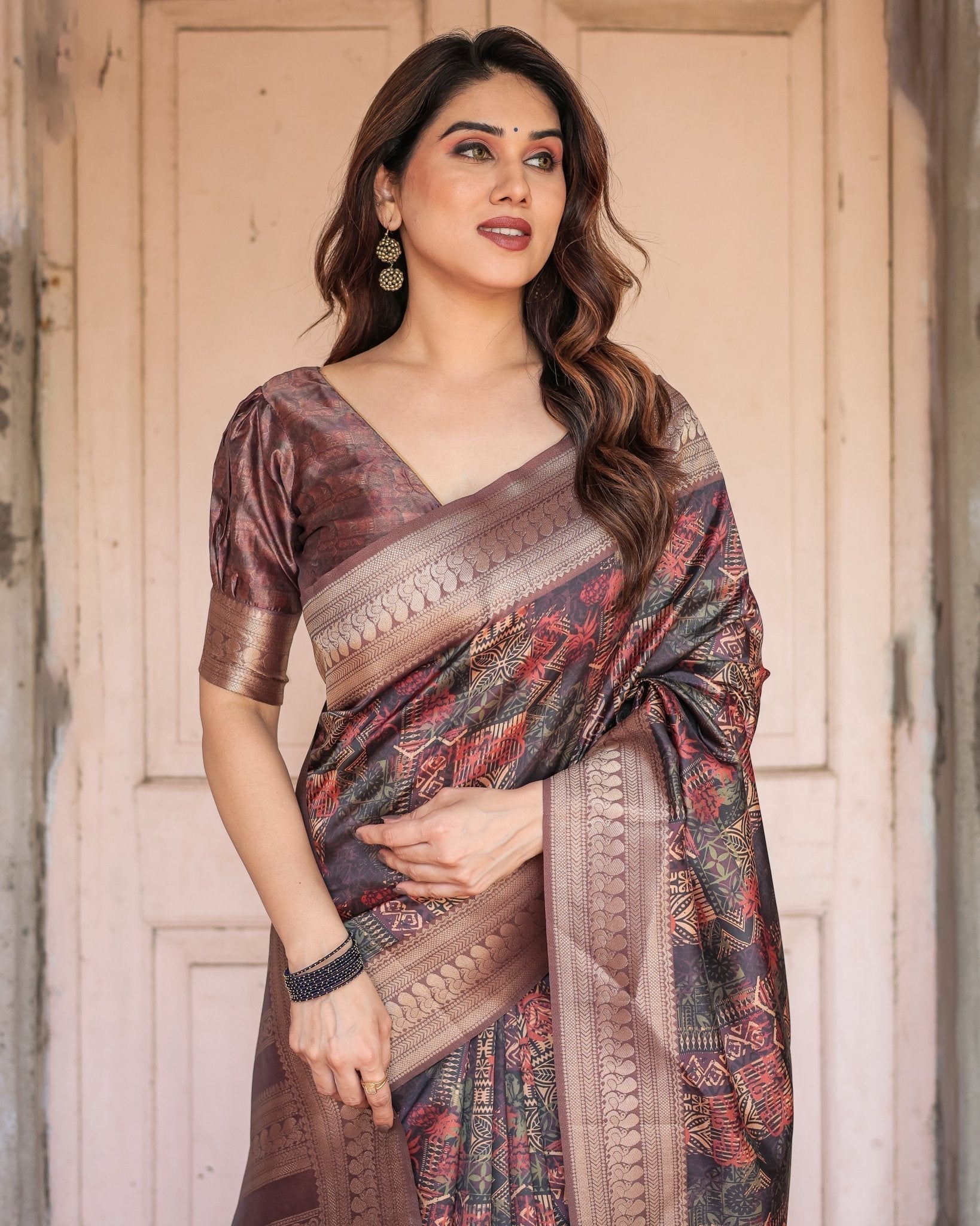 Pure Banarasi Digitally Printed Silk Saree Weaved With Zari Comes With Tassels. - Fashion Dream Studio