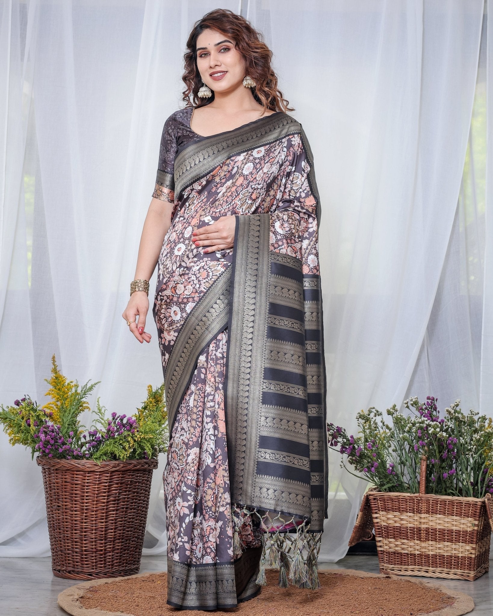 Pure Banarasi Digitally Printed Silk Saree Weaved With Zari Comes With Tassels. - Fashion Dream Studio