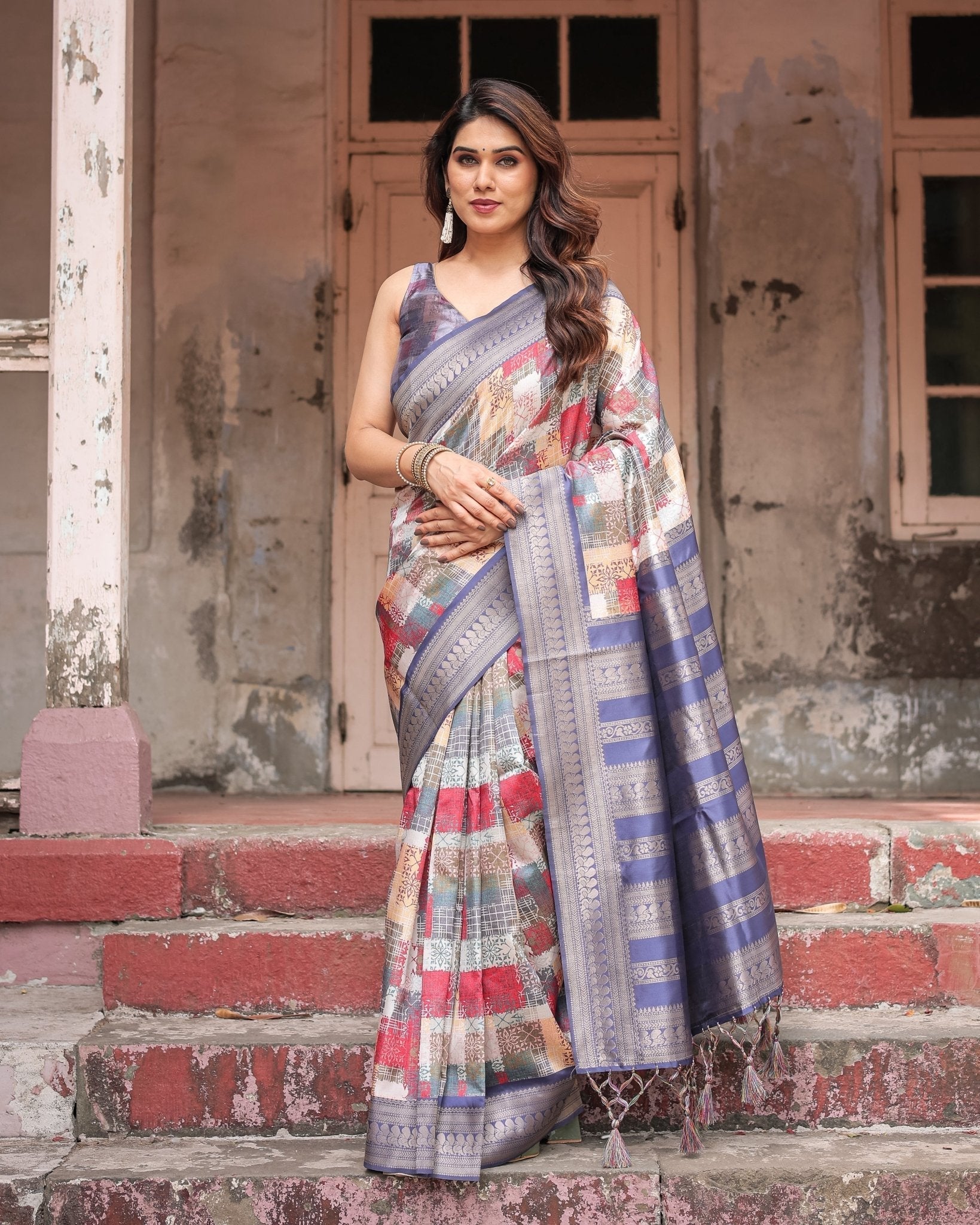 Pure Banarasi Digitally Printed Silk Saree Weaved With Zari Comes With Tassels