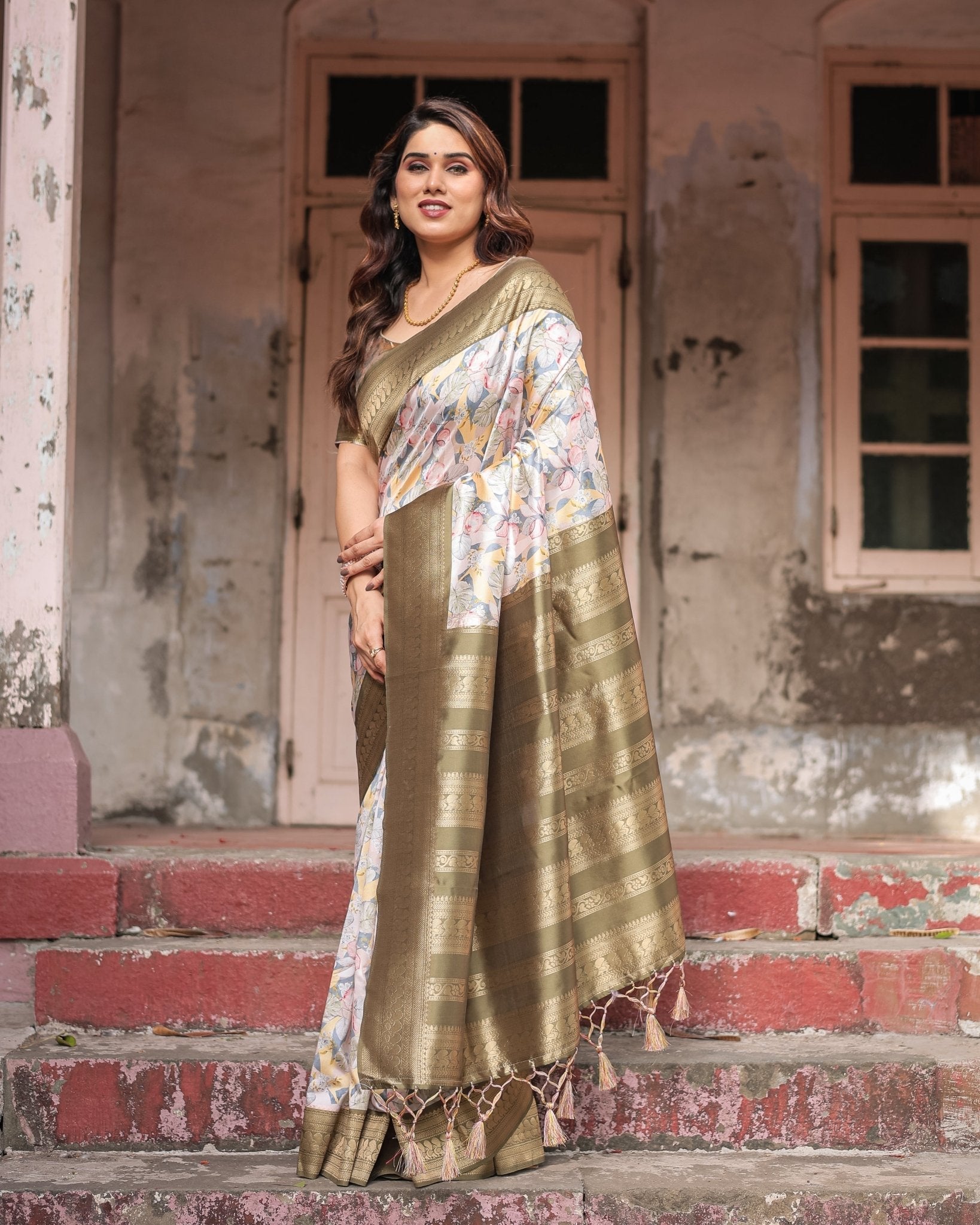 Pure Banarasi Digitally Printed Silk Saree Weaved With Zari Comes With Tassels