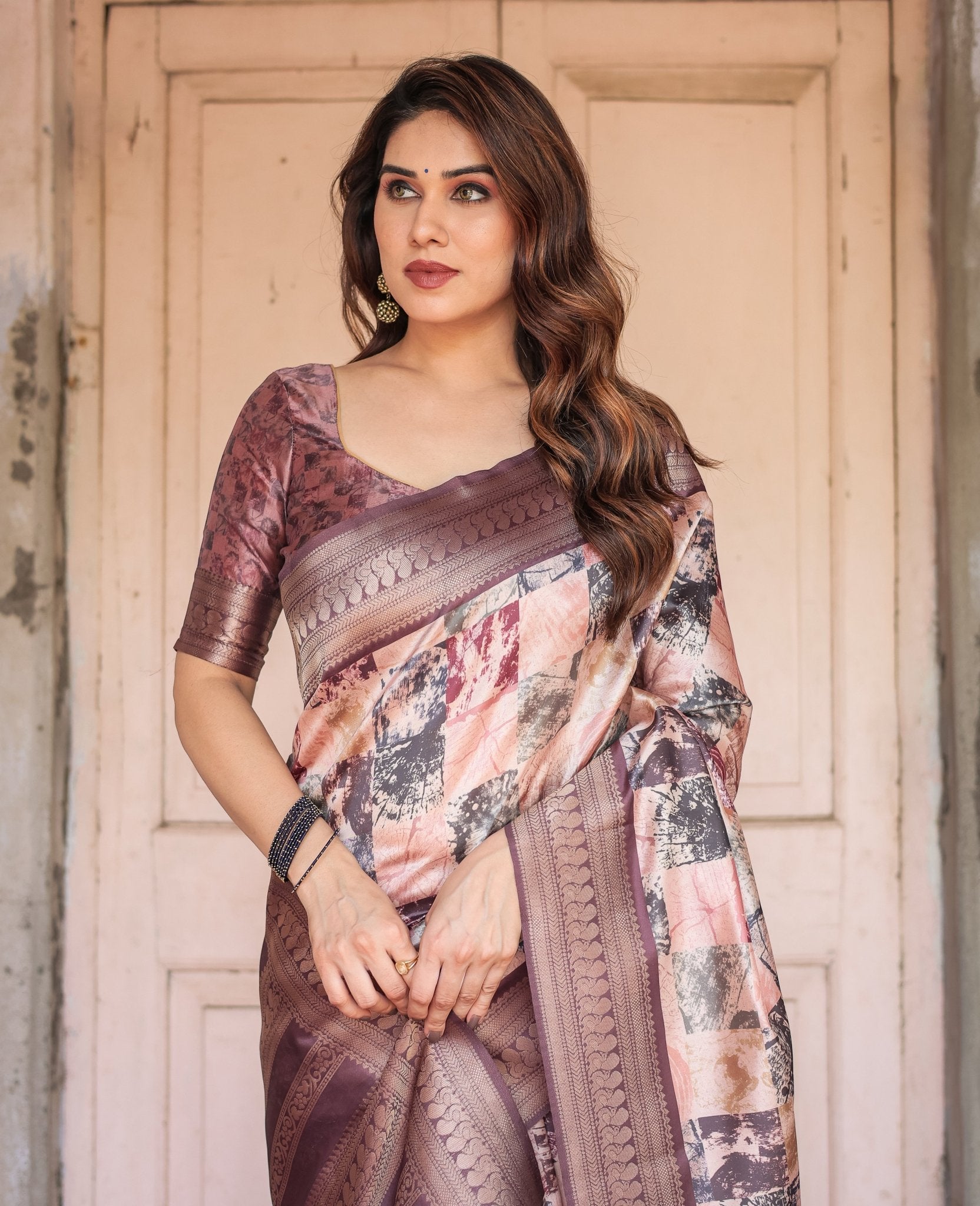 Pure Banarasi Digitally Printed Silk Saree Weaved With Zari Comes With Tassels.