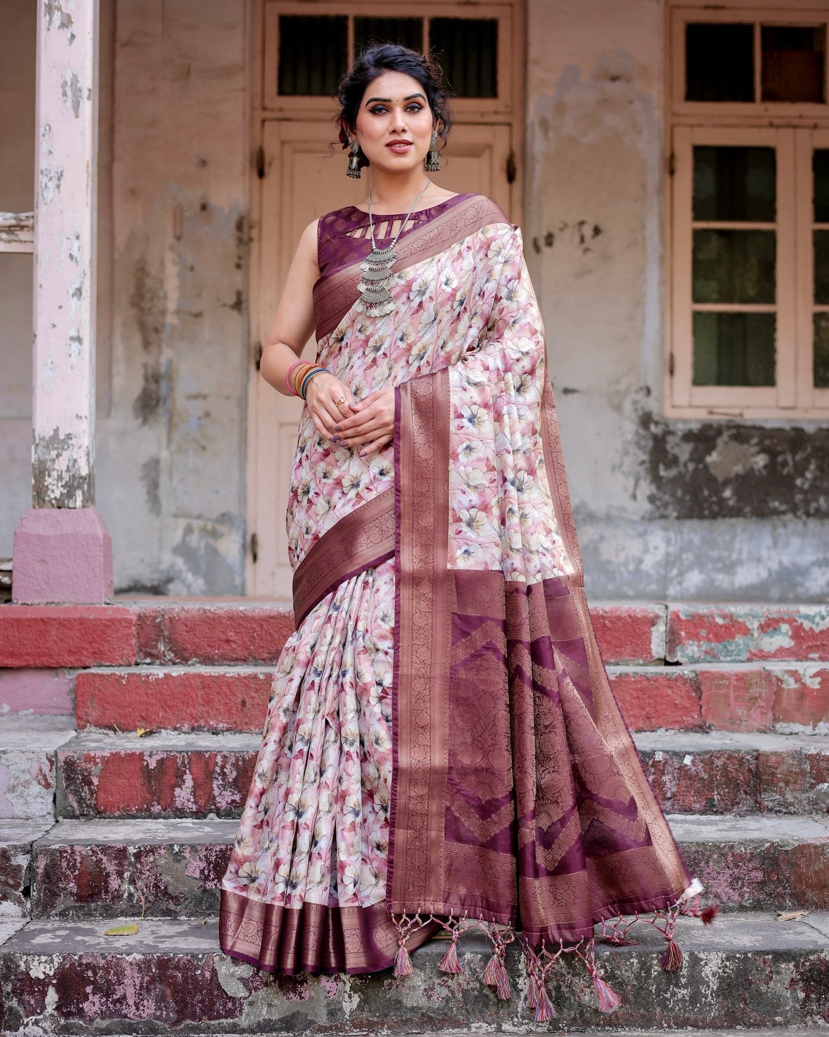 Pure Banarasi Silk Saree Weaved With Golden Zari Comes With Tassels - Fashion Dream Studio