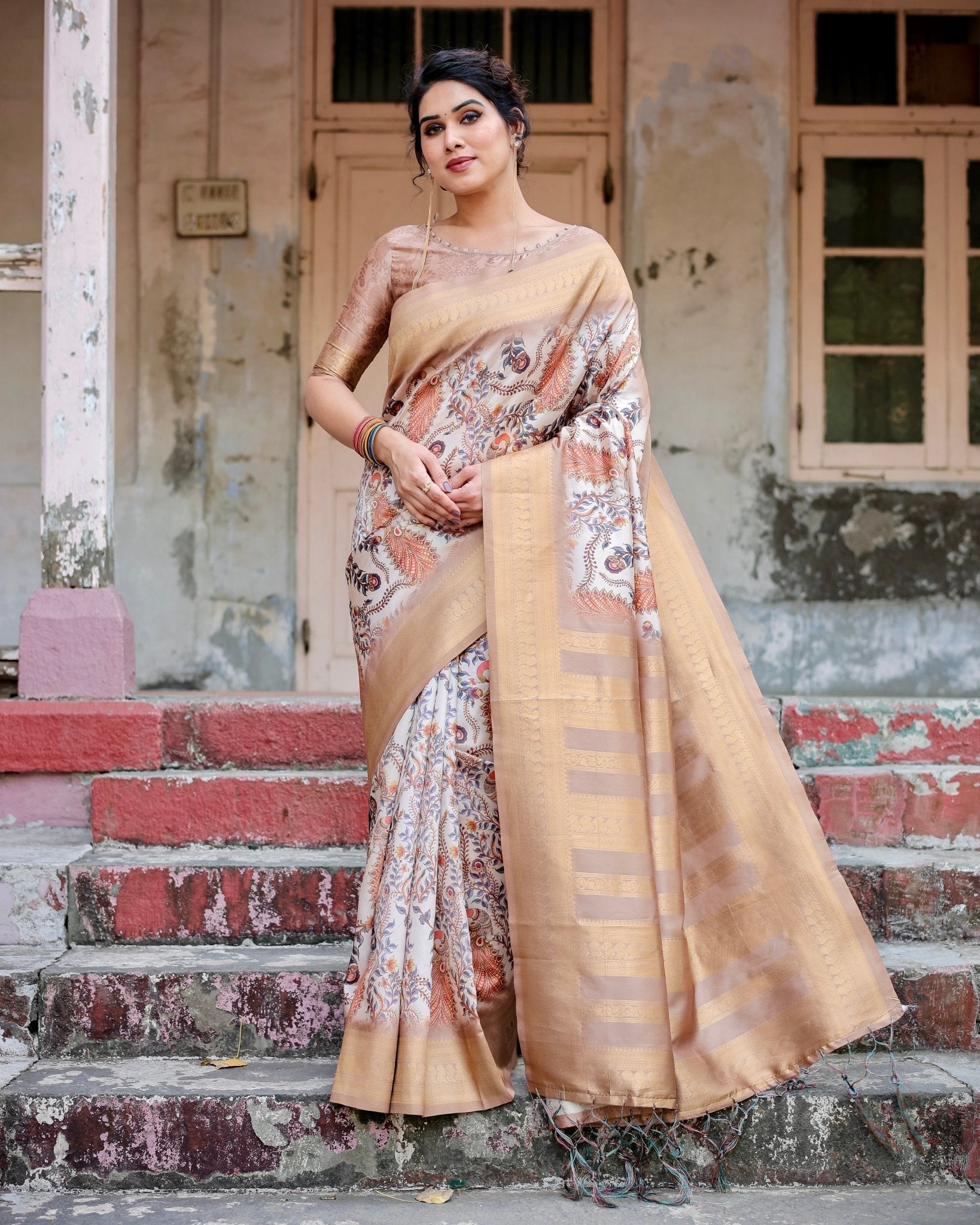 Pure Banarasi Silk Saree Weaved With Golden Zari Comes With Tassels