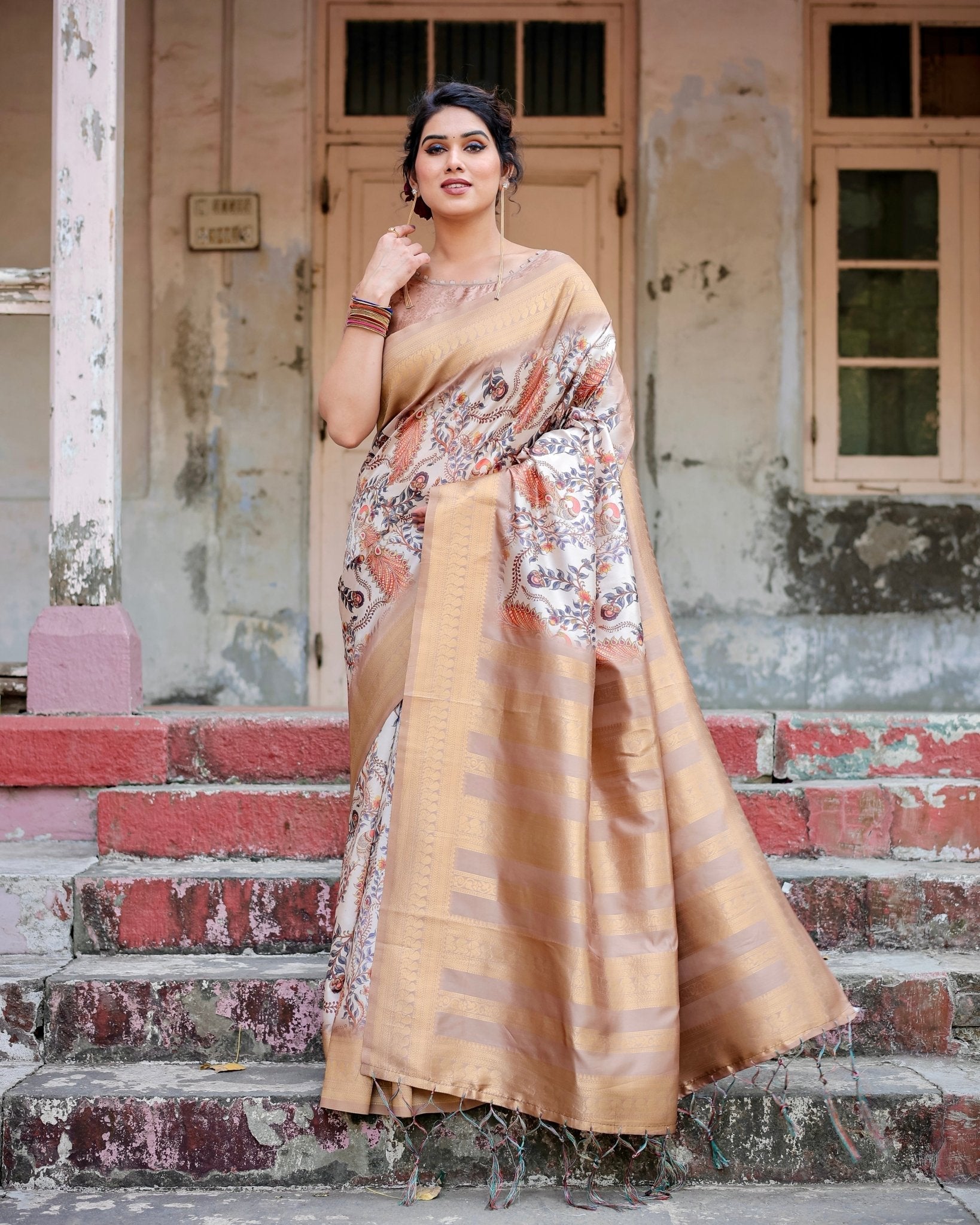 Pure Banarasi Silk Saree Weaved With Golden Zari Comes With Tassels