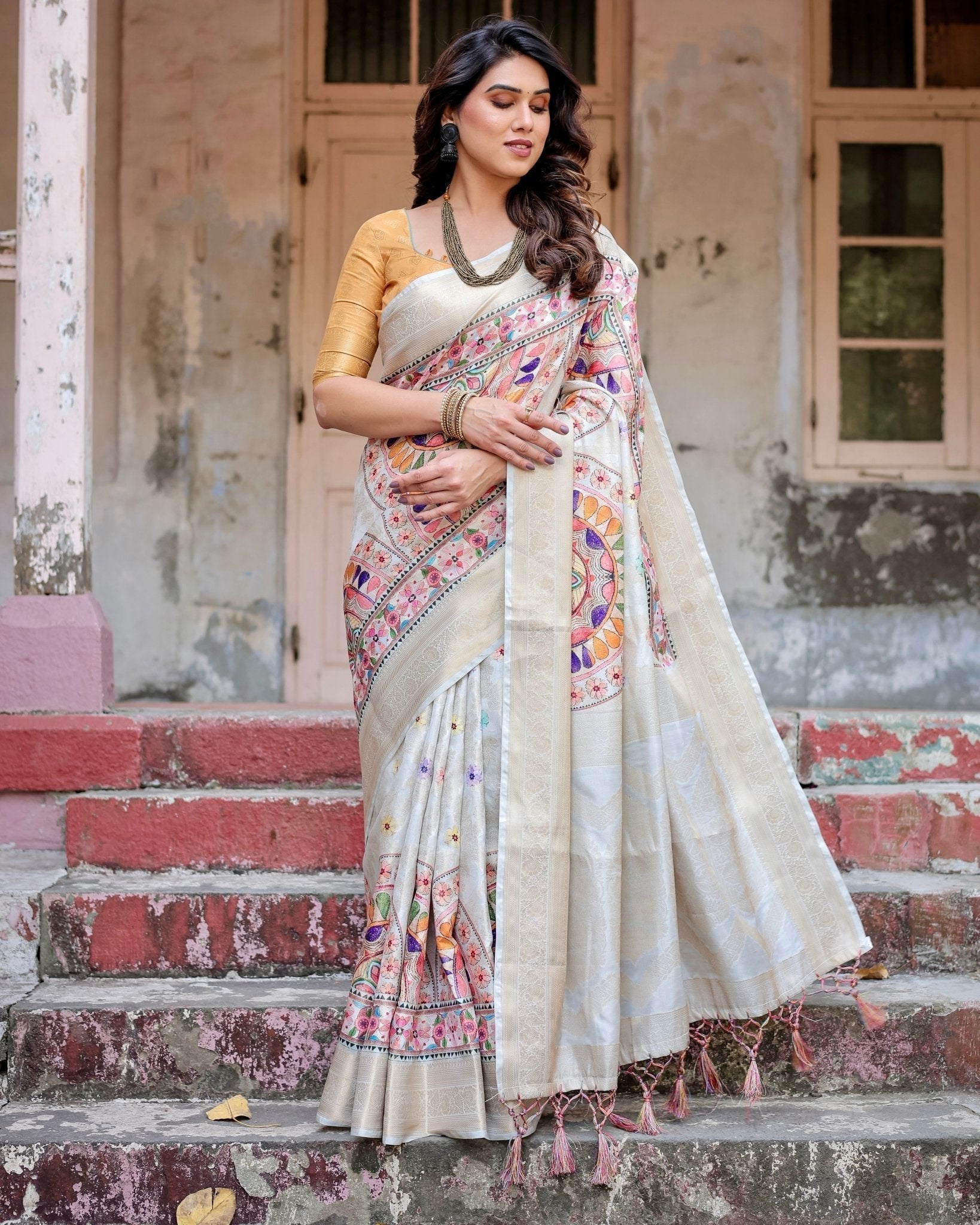 Pure Banarasi Silk Saree Weaved With Golden Zari Comes With Tassels - Fashion Dream Studio