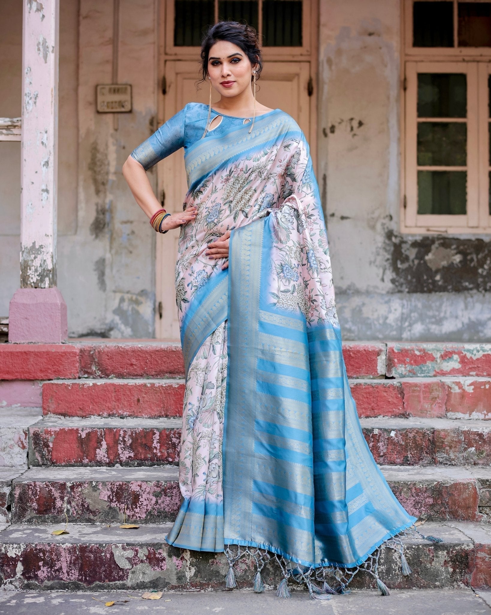 Pure Banarasi Silk Saree Weaved With Golden Zari Comes With Tassels - Fashion Dream Studio