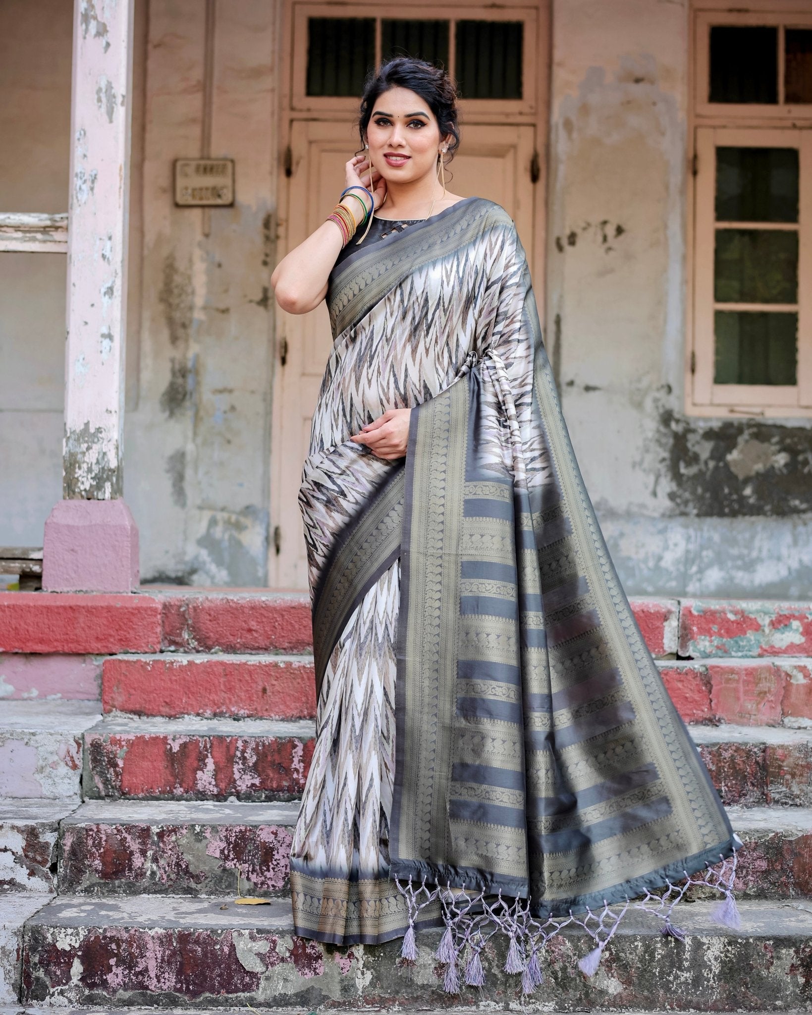 Pure Banarasi Silk Saree Weaved With Golden Zari Comes With Tassels